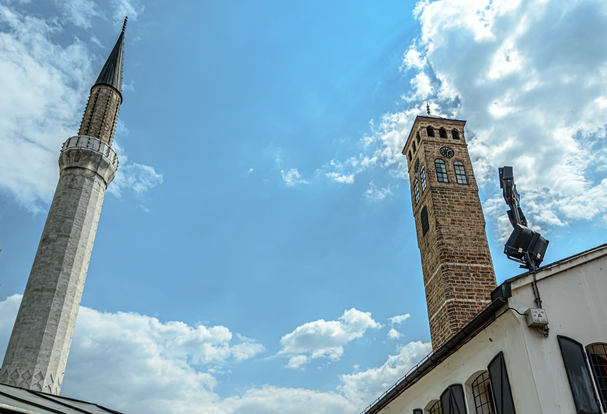 Gazi Husrev-beg Mosque's minaret and Sahat-kula under the sky