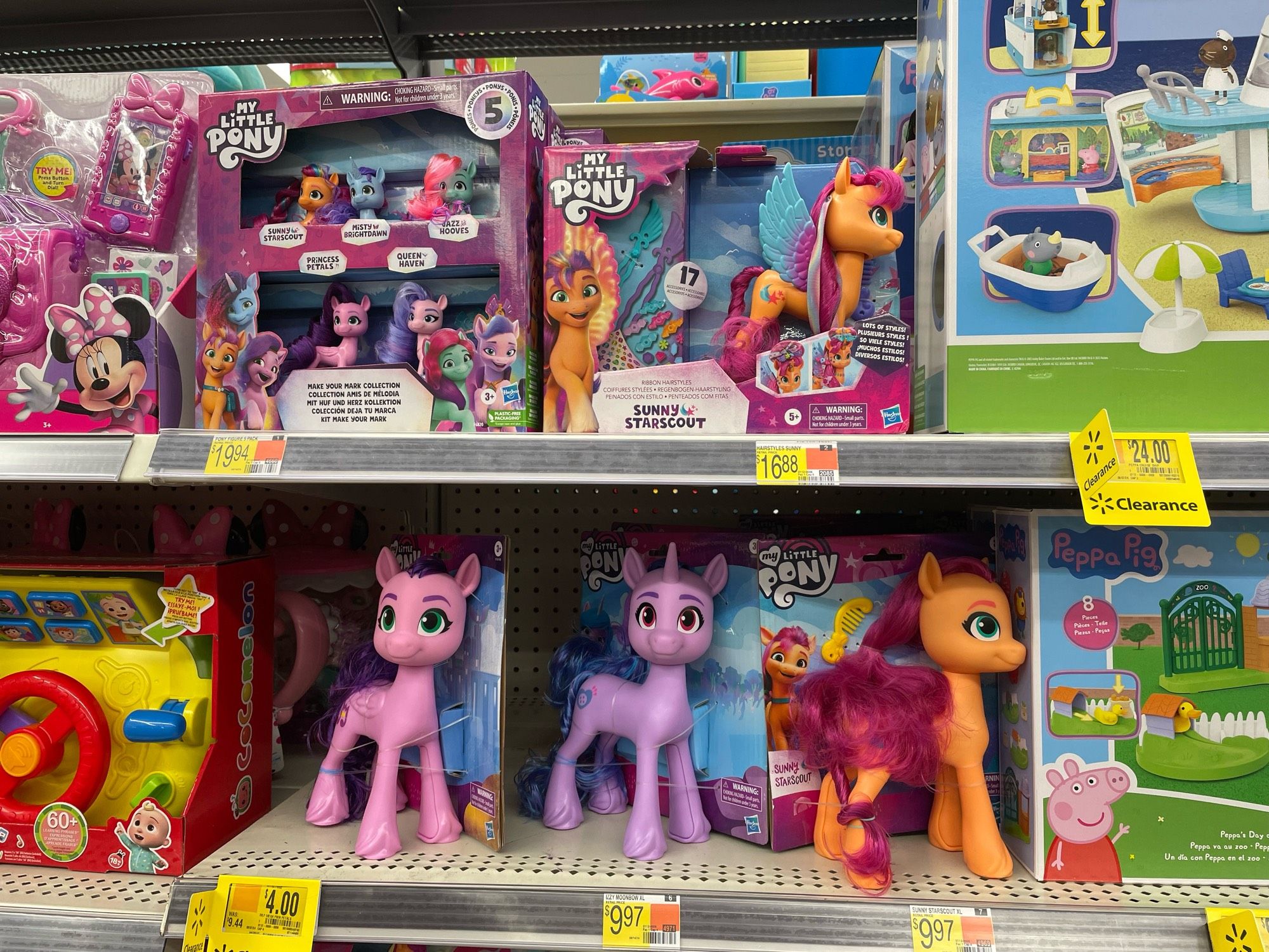 image of a small #mylittlepony section at a Walmart

#sunnystarscout #izzymoonbow #pipppetals #mistybrightdawn #queenhaven #jazzhooves #mlpg5 #mlptoys