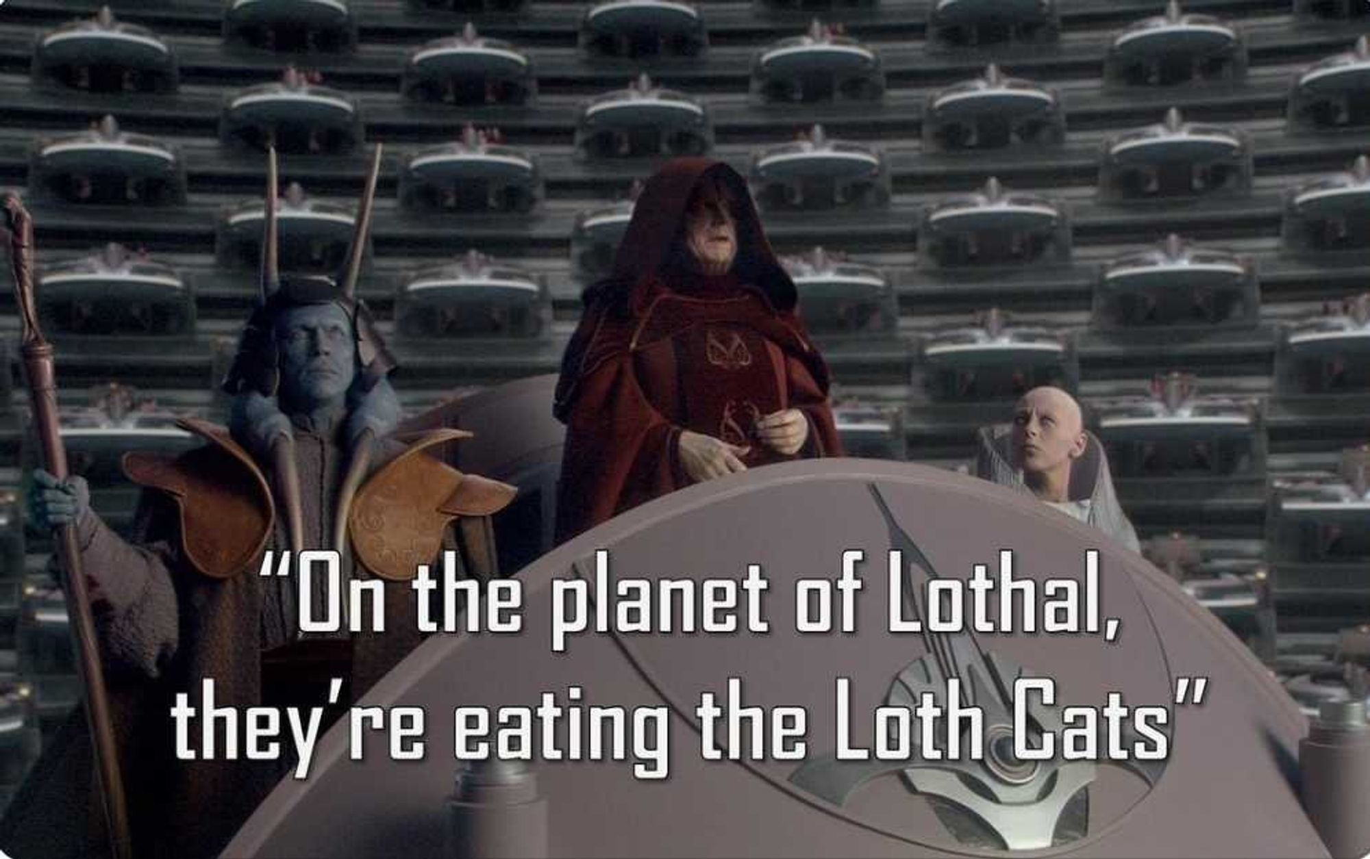 Three alien figures stand at a podium in a large, futuristic assembly chamber. The central figure, wearing a dark red robe, is speaking. Behind them are numerous elevated seats, filled with shadowy figures. Overlayed text humorously reads: 'On the planet of Lothal, they're eating the Loth Cats.'"

This description is concise and friendly while capturing the key elements of the image. Let me know if you'd like any adjustments!