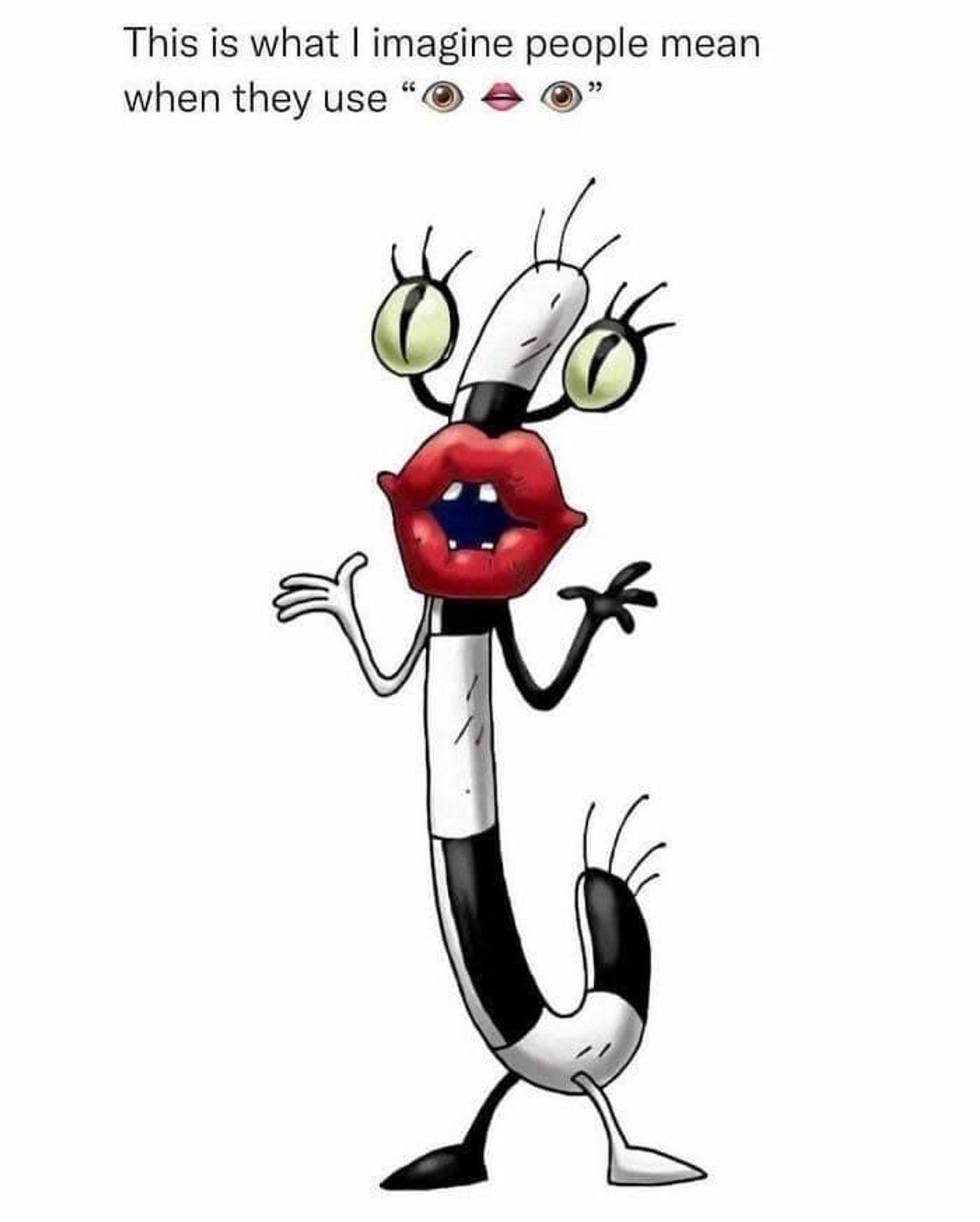 The image humorously depicts a cartoonish, anthropomorphic figure that personifies the combination of emojis "👁️👄👁️" (eyes and lips). The character has exaggerated, oversized eyes with lashes and a wide, puckered mouth with red lips. The body is long, thin, and striped, resembling a walking cane or microphone stand, giving the character a quirky, surreal appearance. The caption above the image reads, "This is what I imagine people mean when they use '👁️👄👁️'."

The illustration is playful, imagining how these commonly used emojis might look if they were brought to life as a single character. The overall tone is lighthearted and whimsical.