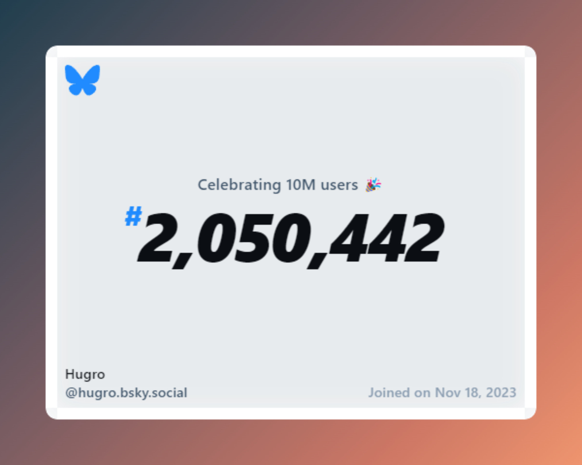 A virtual certificate with text "Celebrating 10M users on Bluesky, #2,050,442, Hugro ‪@hugro.bsky.social‬, joined on Nov 18, 2023"