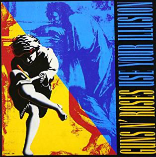 Artwork for Guns N’ Roses Use Your Illusion made up of the Use Your Illusion 1 red/yellow art in the bottom left section and the Use Your Illusion 2 blue art in the upper right section.