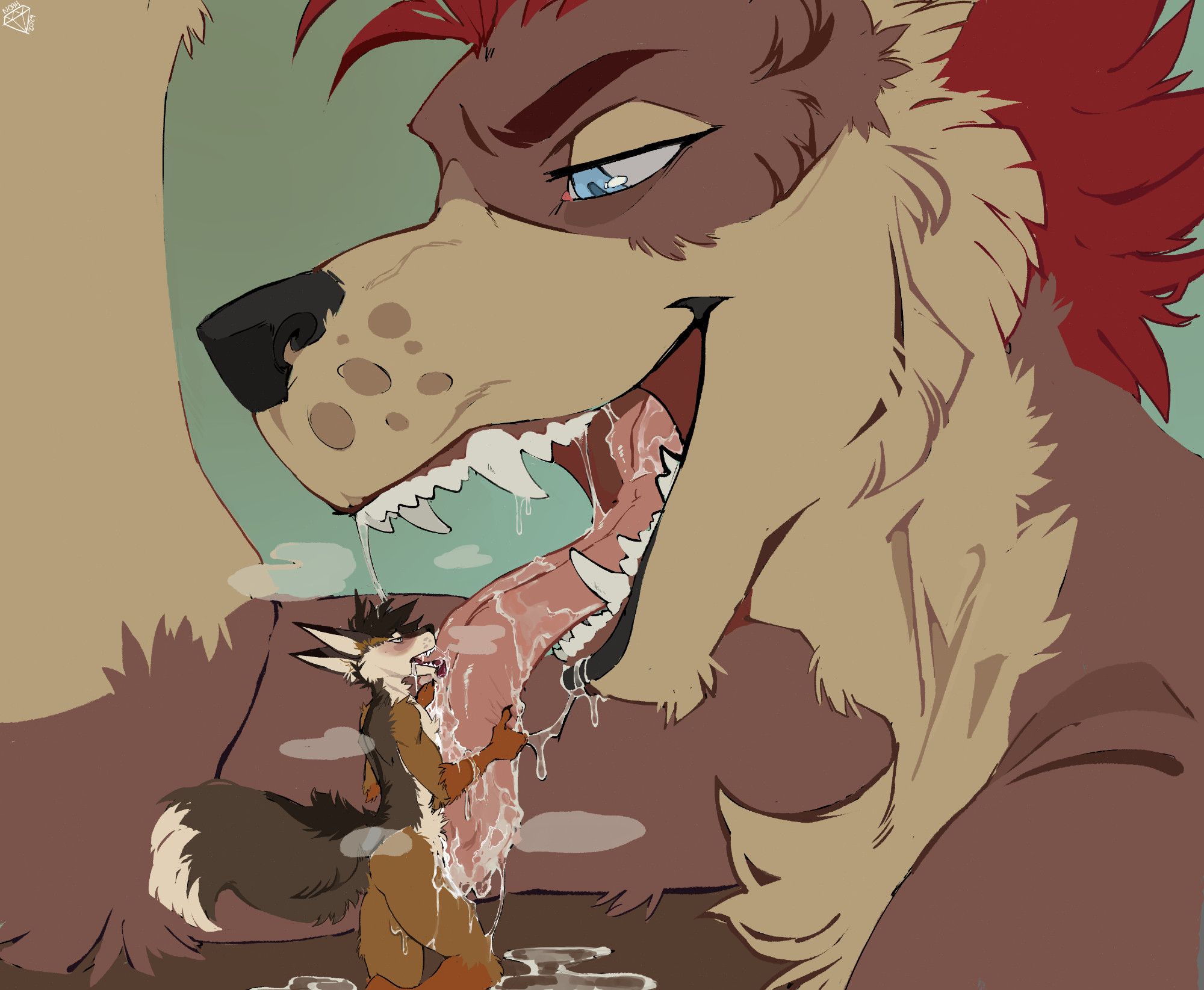 i macro otter, flattening his tongue against a little micro jackal, baring his teeth and letting out steamy breaths as the jackal presses his body against the otter's tongue and laps over his taste buds.