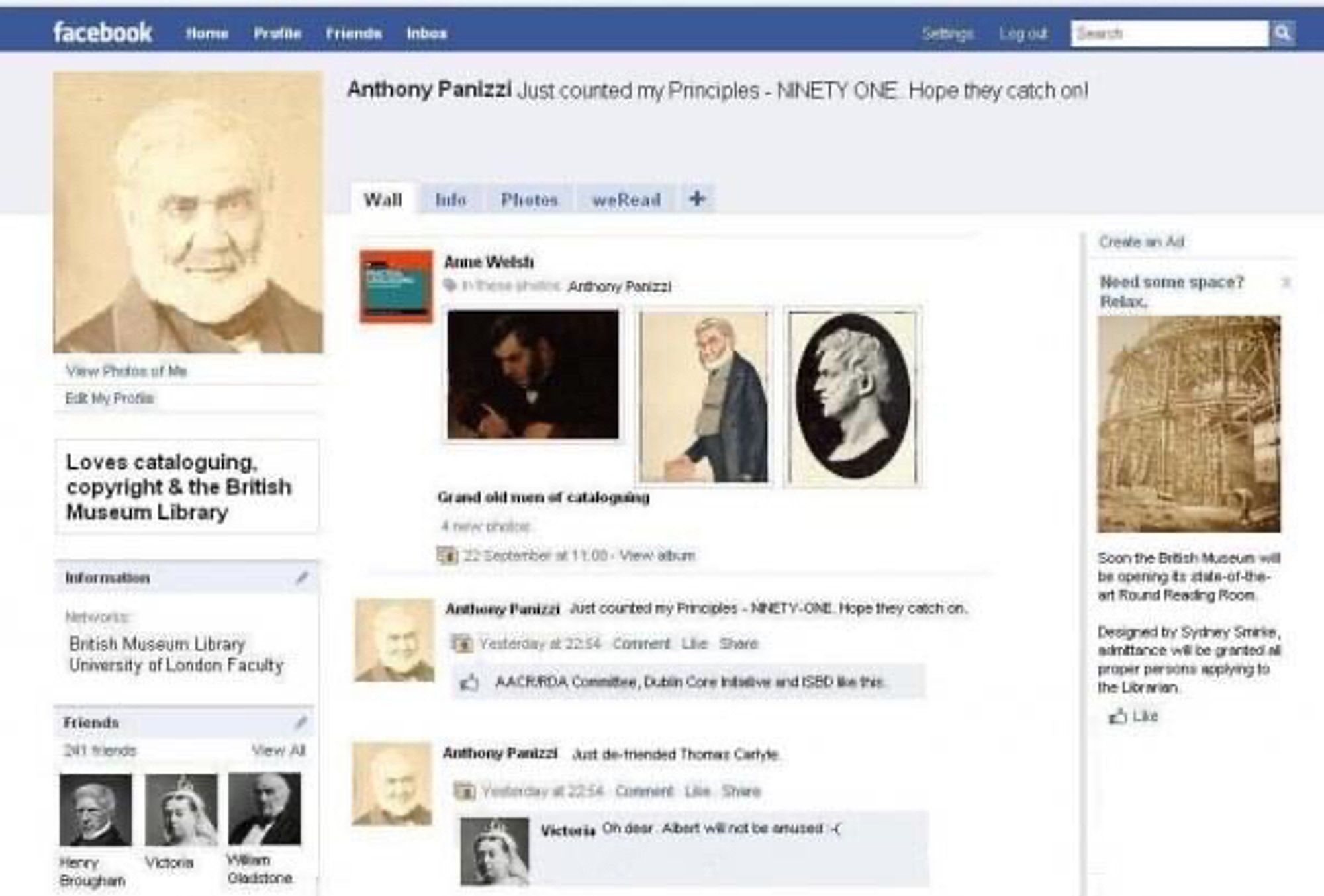 Mock-up of what Anthony Panizzi’s Facebook might have looked like.