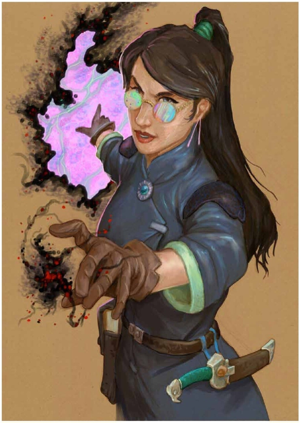 Art by Storn Cook: Middle aged woman with dark hain in a pony tail wearing gold-rimmend psychedelic glasses and a blue-gray jacket looks into the camera, gloved hand stretched toward viewer. She casts a spell opening a rip in reality behind her, glowing with pink and purple energy. A green crystal dagger is on her belt.