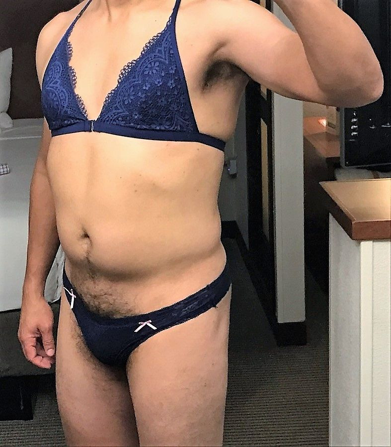 A blue Victoria's Secret panty and bralette set that looked really good on me.