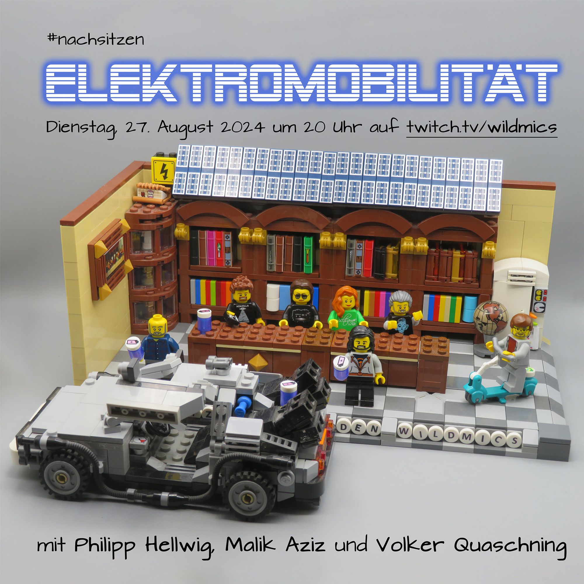 In der aus Lego Steinen gebauten Bibliothek für das Nachsitzen ist auf dem Bücherregal eine Photovoltaik-Anlage installiert. Davor steht der DeLorean aus Zurück in die Zukunft. Die Minifiguren der CleanElectric Podcaster Philipp Hellwig und Malik Aziz stehen mit Batterien daneben. Volker Quaschning kommt mit einem E-Roller angefahren. Auf dem Bild steht oben "#nachsitzen Elektromobilität; Dienstag, 27. August um 20 Uhr auf twitch.tv/WildMics" und unten "mit Philipp Hellwig, Malik Aziz und Volker Quaschning"