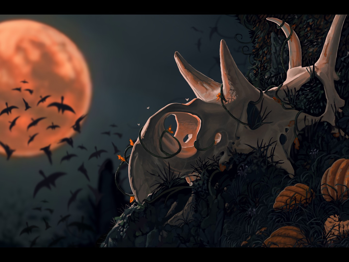 Triceratops Skull In Moonlight - Halloween Paleo Art