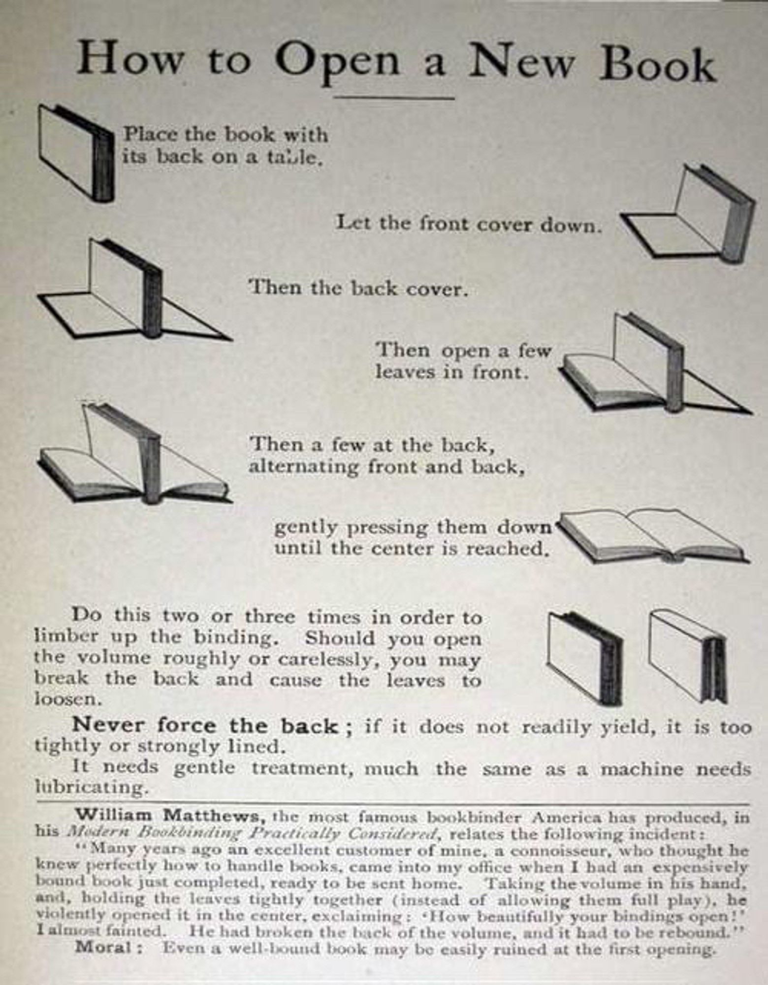 An instructional page about how to open a hardcover book for the first time
