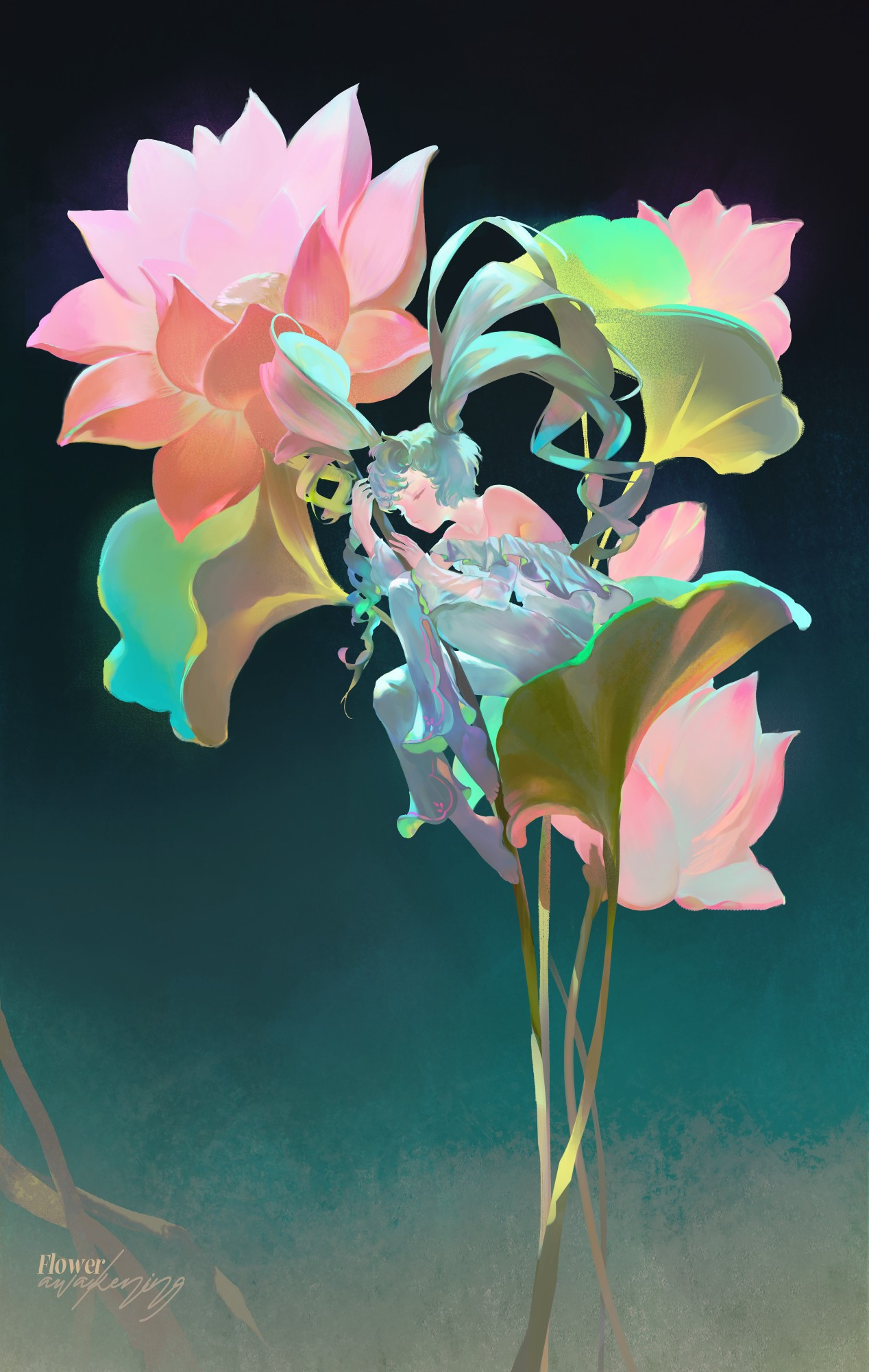 illustration of hatsune miku surrounded by lotus flowers