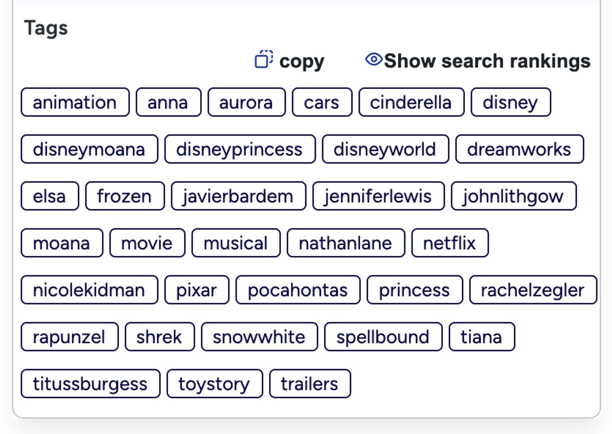 The tags for the YouTube version of the Spellbound teaser trailer. They include animation, anna, aurora, cars, cinderella, disney, disneymoana, disneyprincess, disneyworld, dreamworks, elsa, frozen, javierbardem, jenniferlewis, johnlithgow, moana, movie, musical, nathanlane, netflix, nicolekidman, pixar, pocahontas, princess, rachelzegler, rapunzel, shrek, snowwhite, spellbound, tiana, titussburgess, toystory, and trailers.