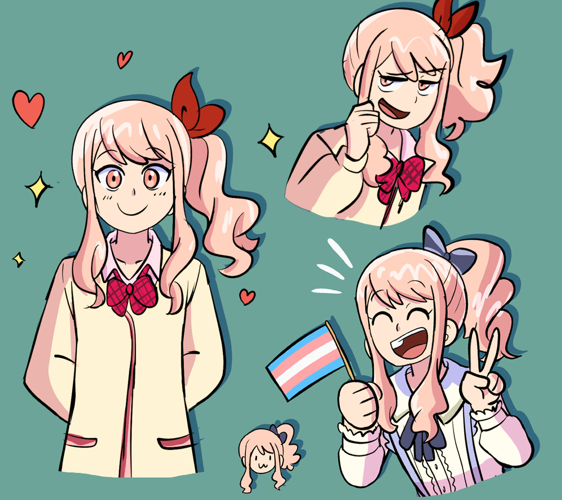 Several doodles of mizuki from project sekai. On the left, she looks at the camera with a smile, hands behind her back. on the top right, she looks to the side with a mischievous smile. On the bottom right, she enthusiastically holds up a transgender pride flag. at the bottom is a relatively tiny and simply drawn depiction of her head.