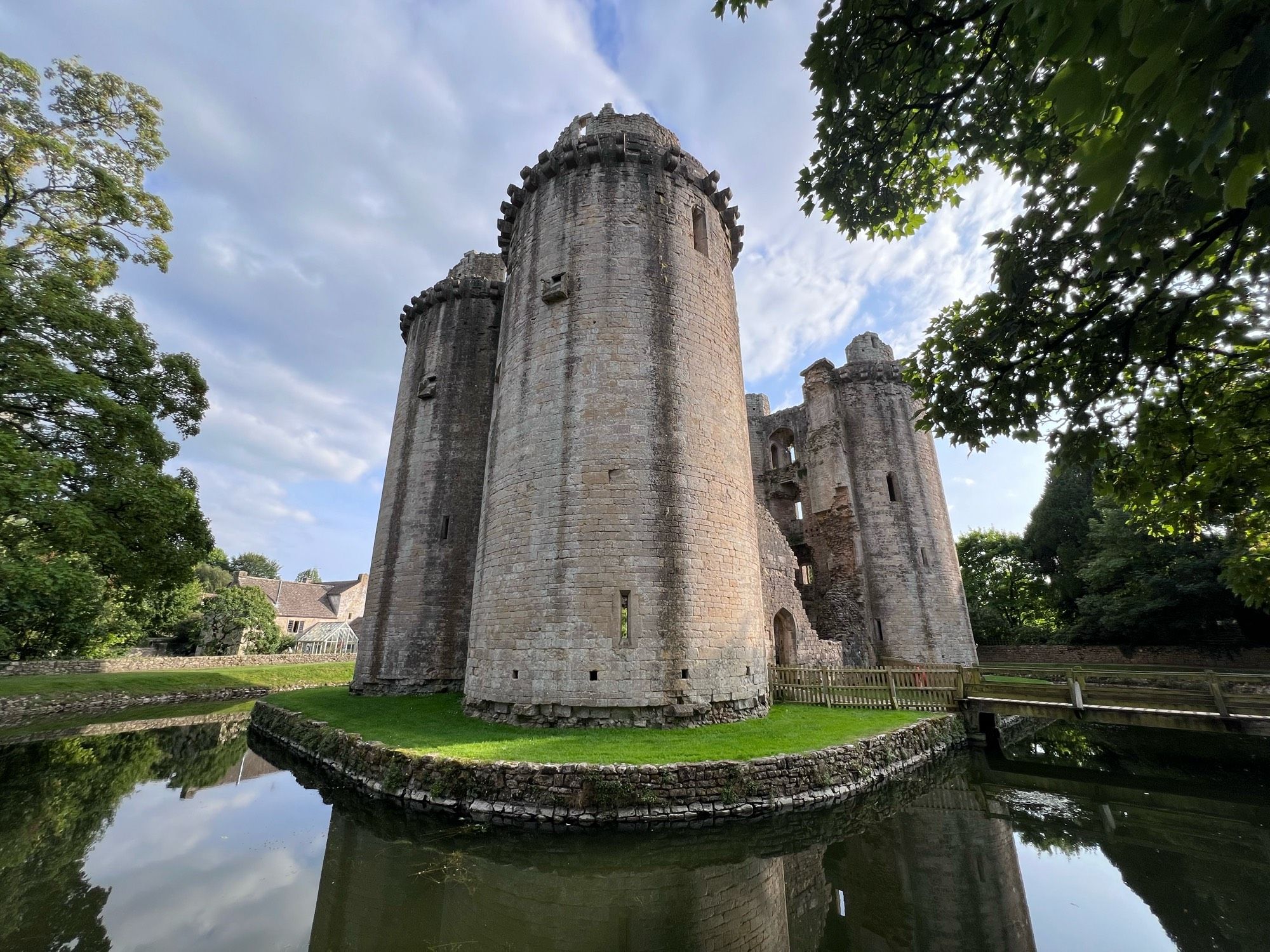 A castle surrounded by a moat