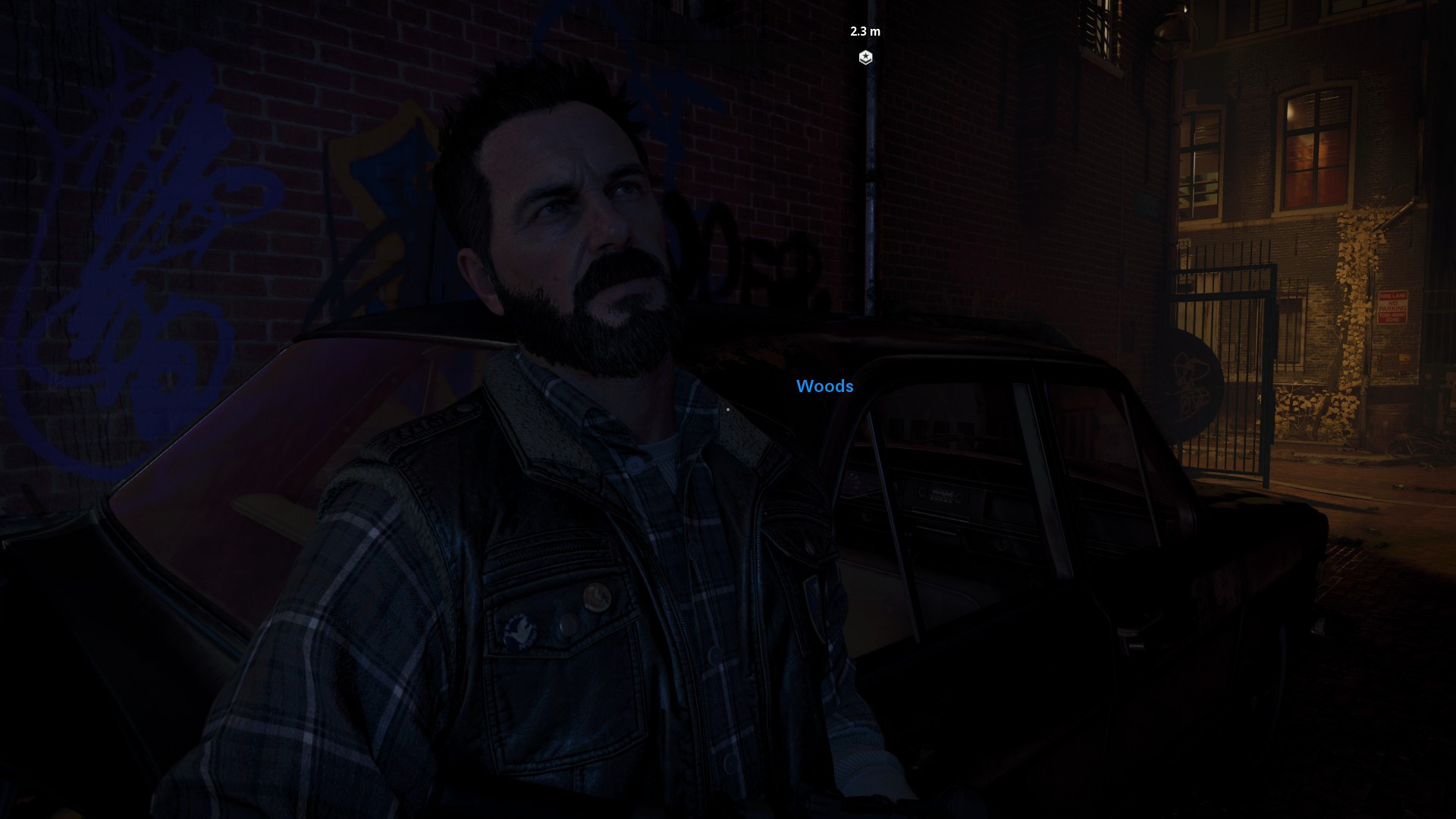 Frank Woods leaning against a car in a dark alley. It's night time (The game: Call of Duty: Black Ops Cold War)