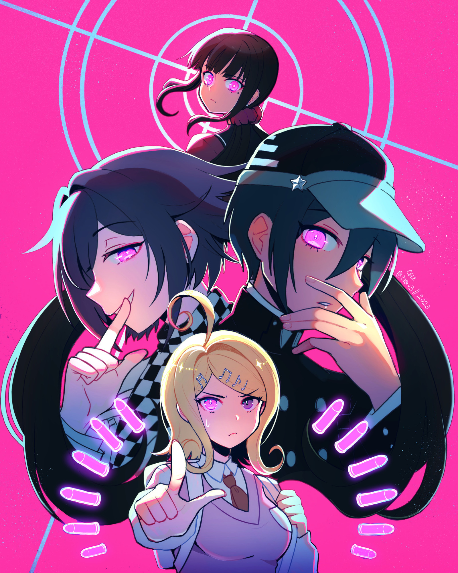 A group picture of characters from Danganronpa v3: Killing Harmony arranged together on a hot pink background. At the bottom, there's Kaede Akamatsu, pointing with truth bullets surrounding her. To her left, Kokichi Ouma smirks with a finger over his mouth. To her right, Shuichi Saihara looks at the camera like he's been caught off guard. At the top, there's Maki Harukawa looking back in a threatening manner. All of them have their eyes glowing pink, except for Kaede who only has one pink eye glowing while the other one is its normal lavender color.