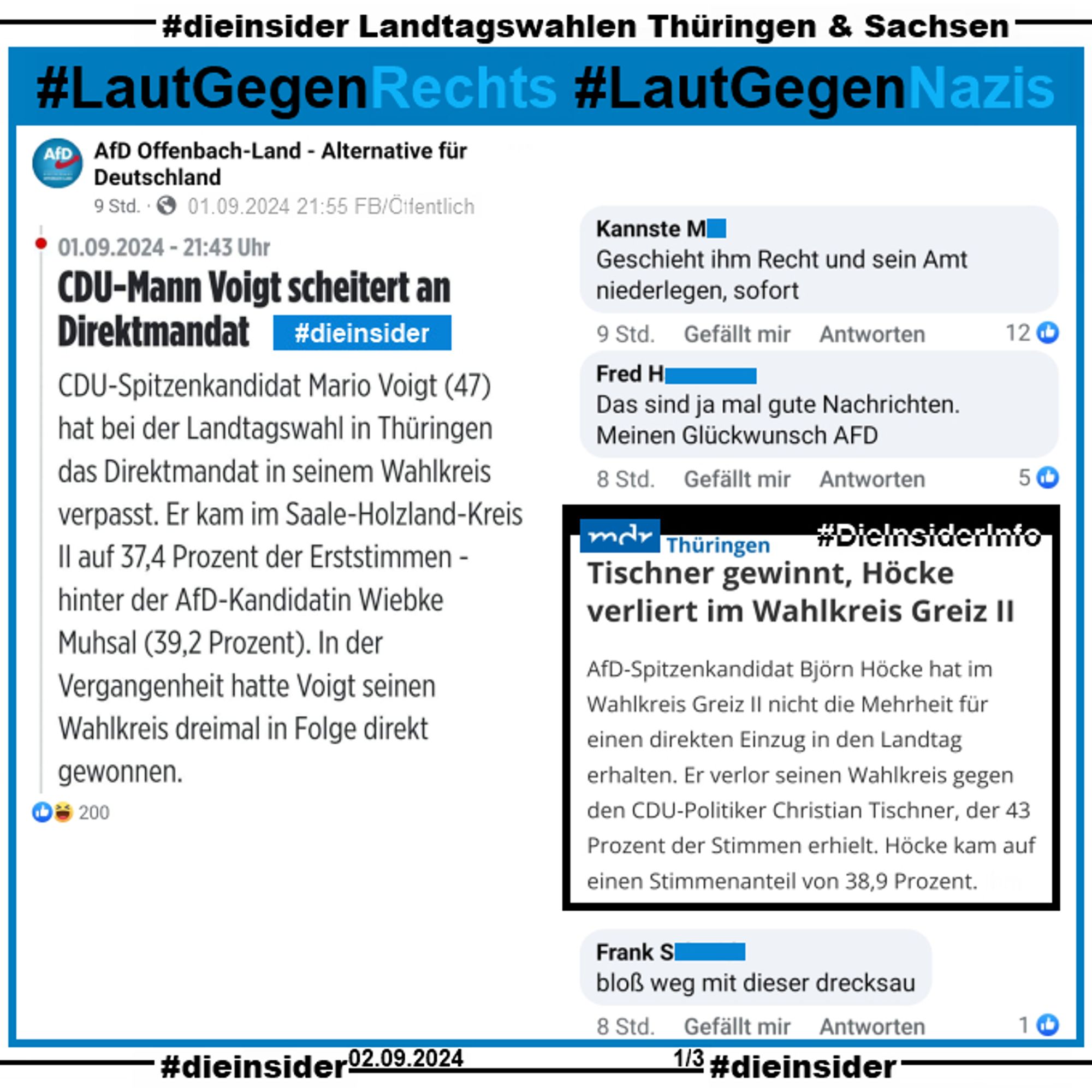 Die AfD Offenbach-Land postet ein Artikel, dass CDU-Mann Mario Voigt in seinem Thüringer Landkreis am Direktmandat gescheitert ist. Nicht erwähnt wird, dass Björn Höcke sein Direktmandat gegen den CDU-Politiker Christian Tischner verloren hat, was wir als Info zeigen.

Außerdem zeigen wir die Kommentare "Geschieht ihm Recht und sein Amt niederlegen, sofort.", "Das sind ja mal gute Nachrichten. Meinen Glückwunsch AFD." und "bloß weg mit dieser drecksau."