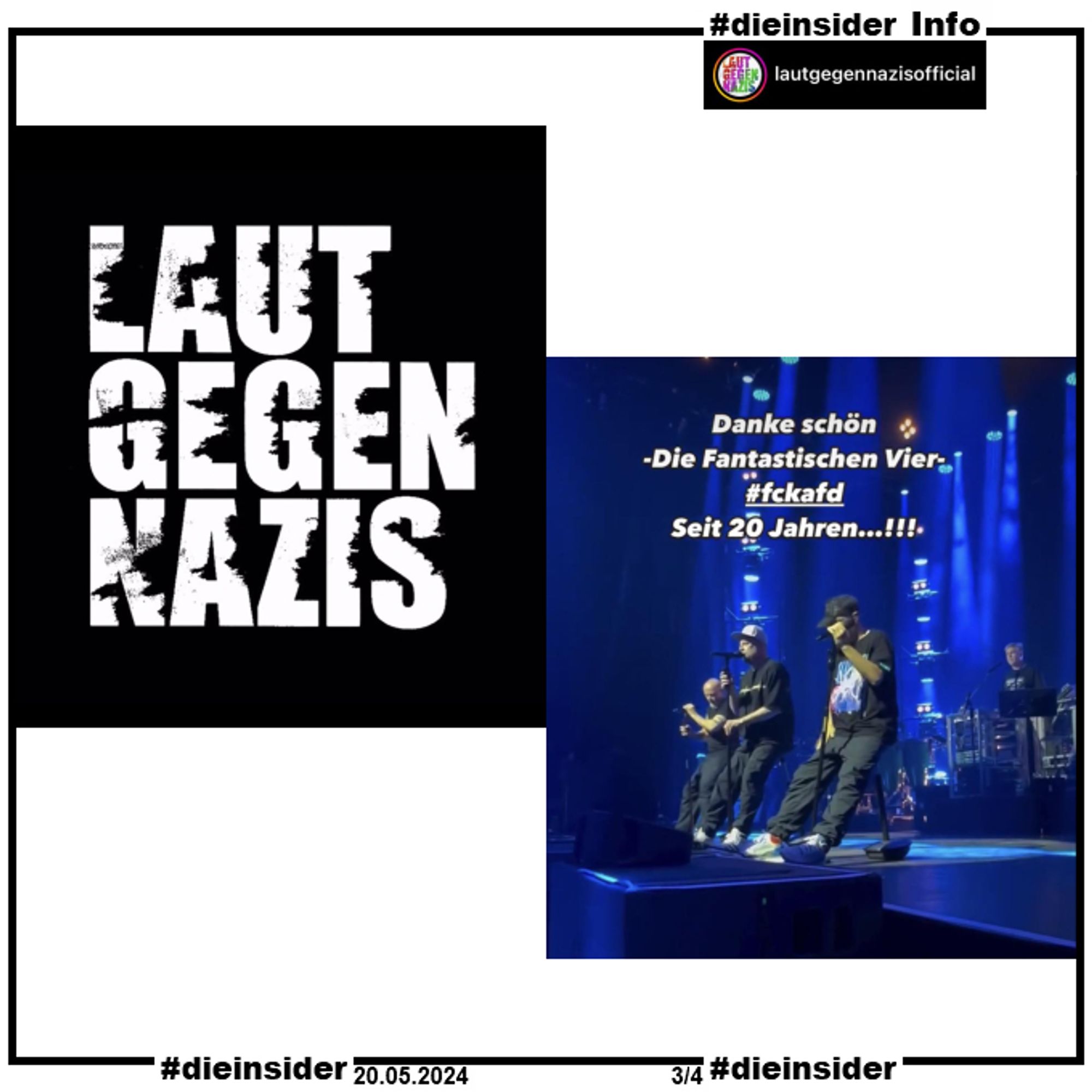 Als Info zeigen wir einen Screenshot von Laut gegen Nazis mit Fanta 4 und "#fckafd seit 20 Jahren..." und das "Laut gegen Nazis" Logo