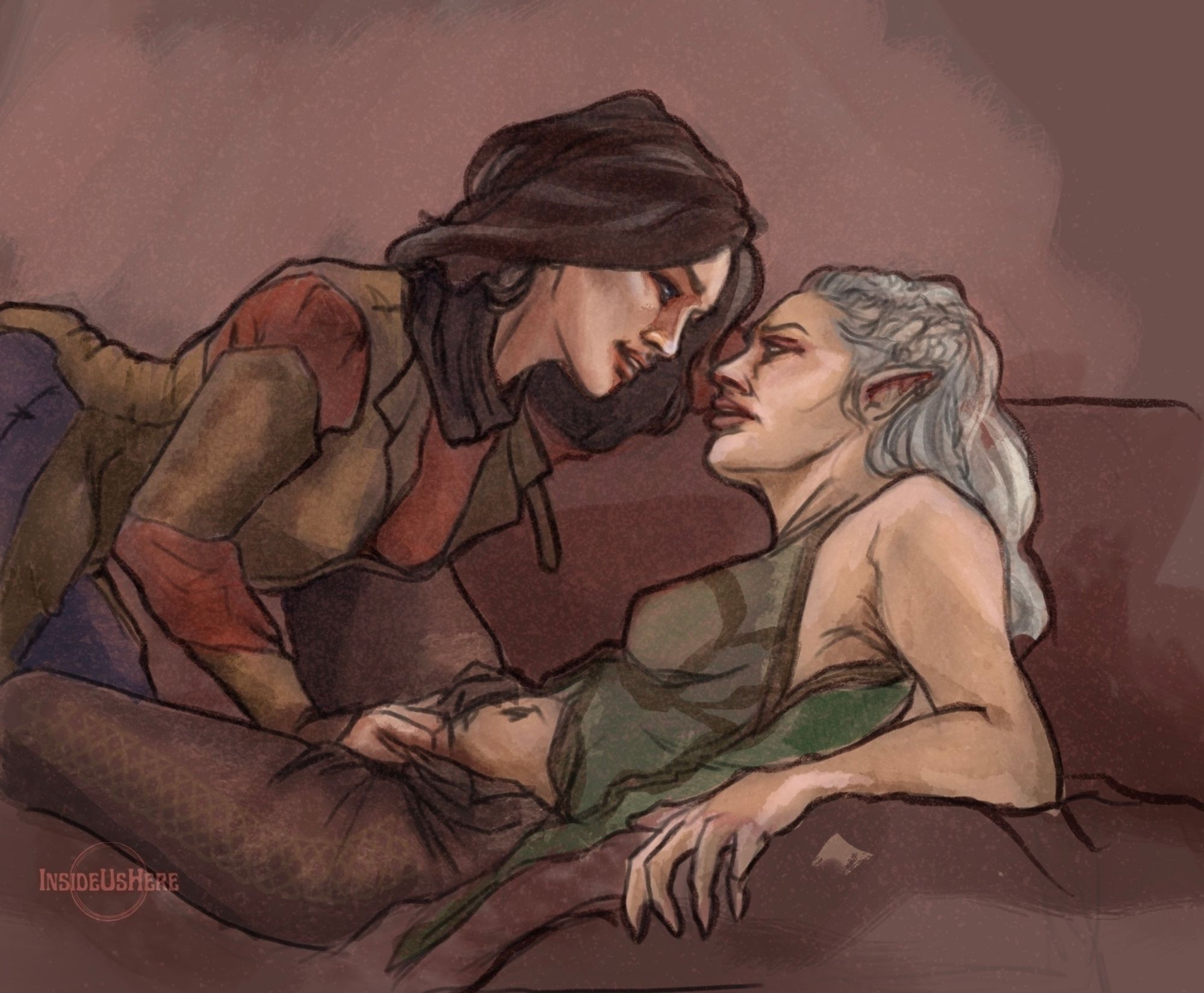 digital fanart of Nine fingers Keene and Jaheira lying on a sofa, Nine fingers is pulling Jaheira's trousers down