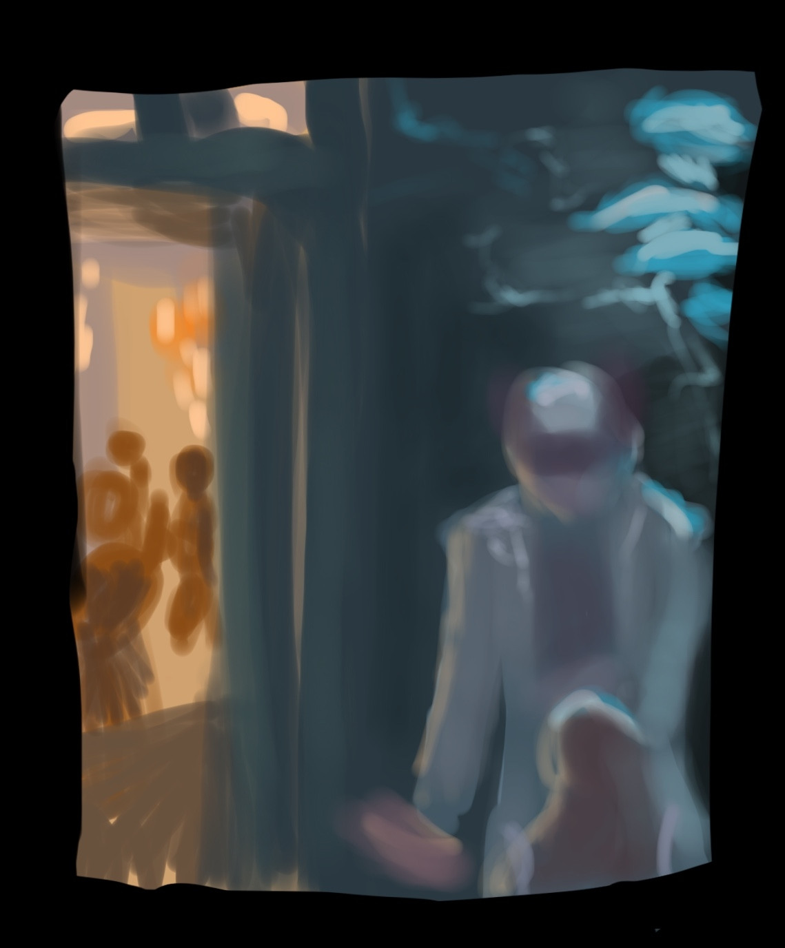 colour thumbnail of two people outside an illuminated room with more people in it