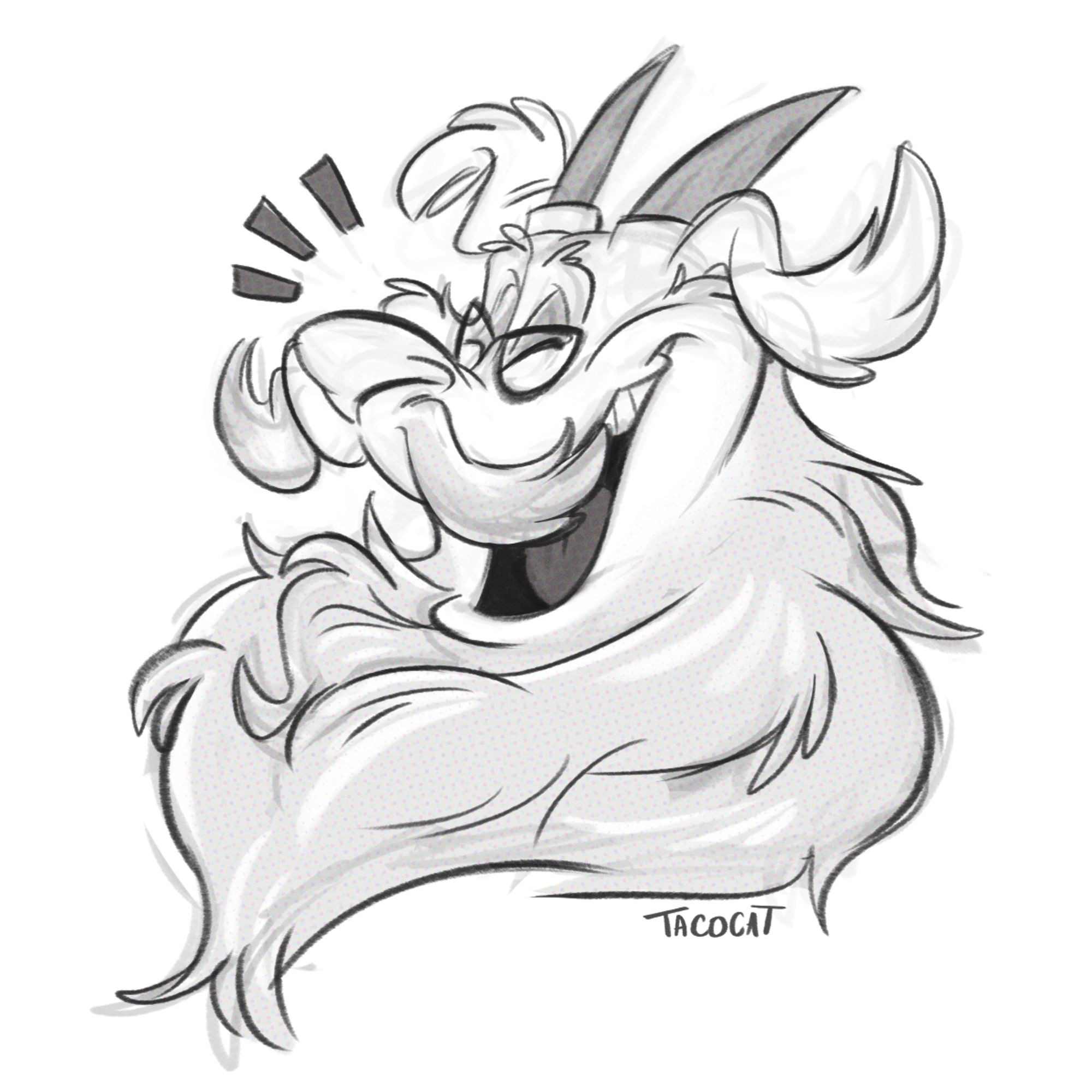 black and white cartoon portrait of a goat guy with a mustache, smiling and laughing