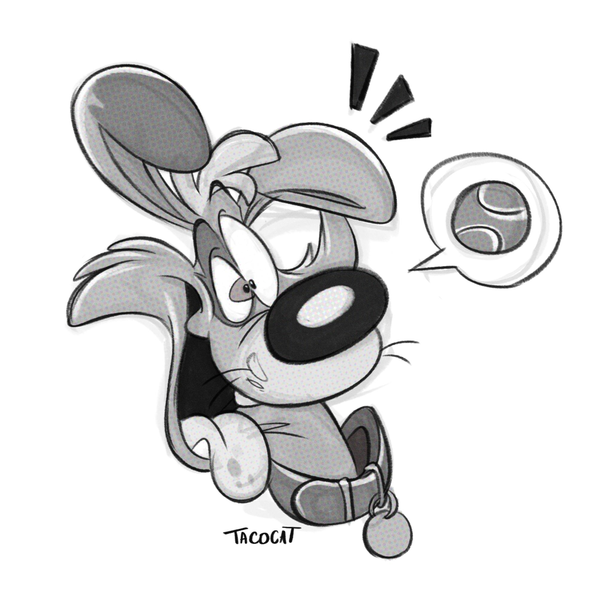 black and white cartoon portrait of a kangaroo/dog hybrid, excited about a tennis ball