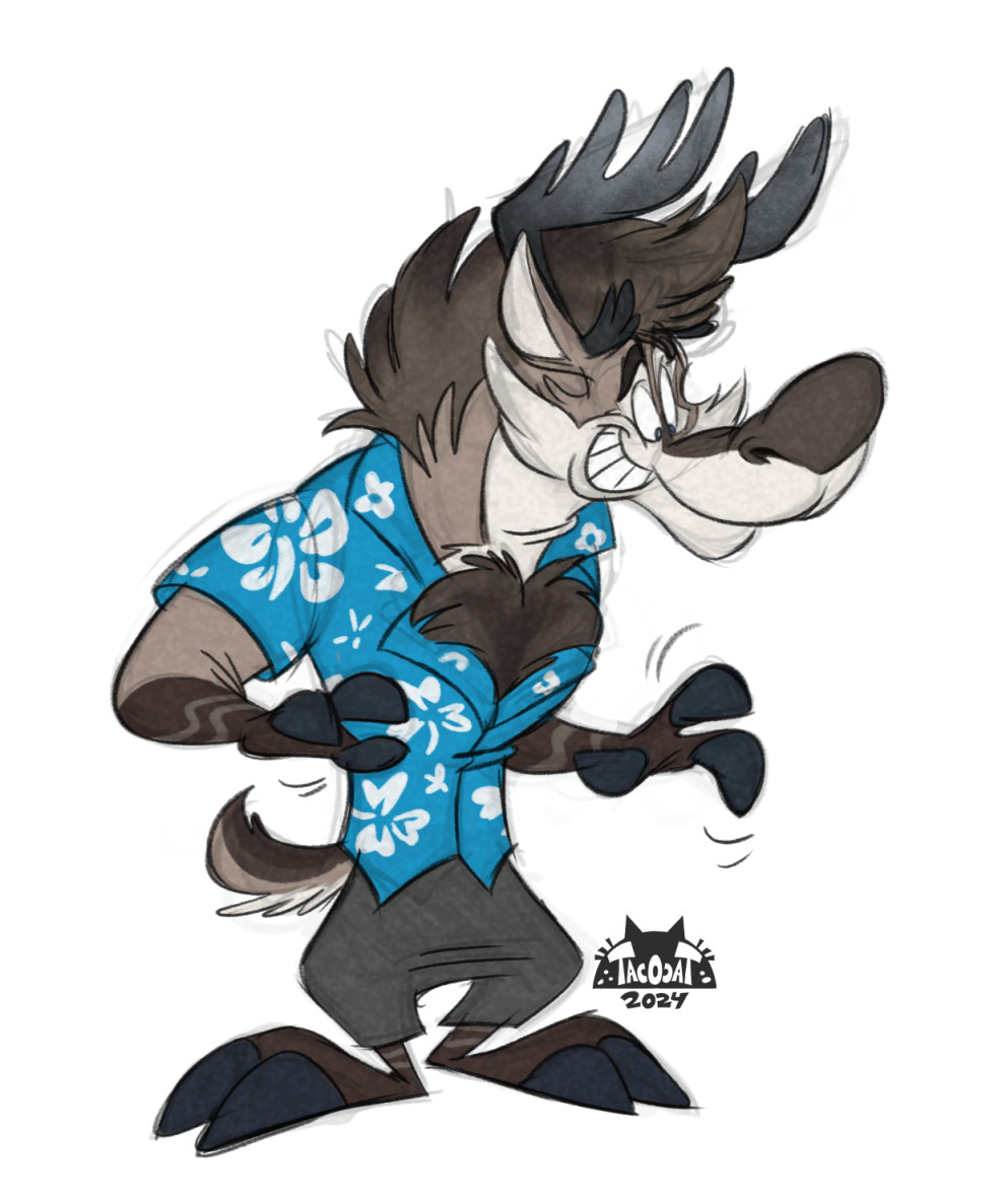 Illustration of a cartoon anthropomorphic caribou, wearing a blue Hawaiian shirt with a happy expression