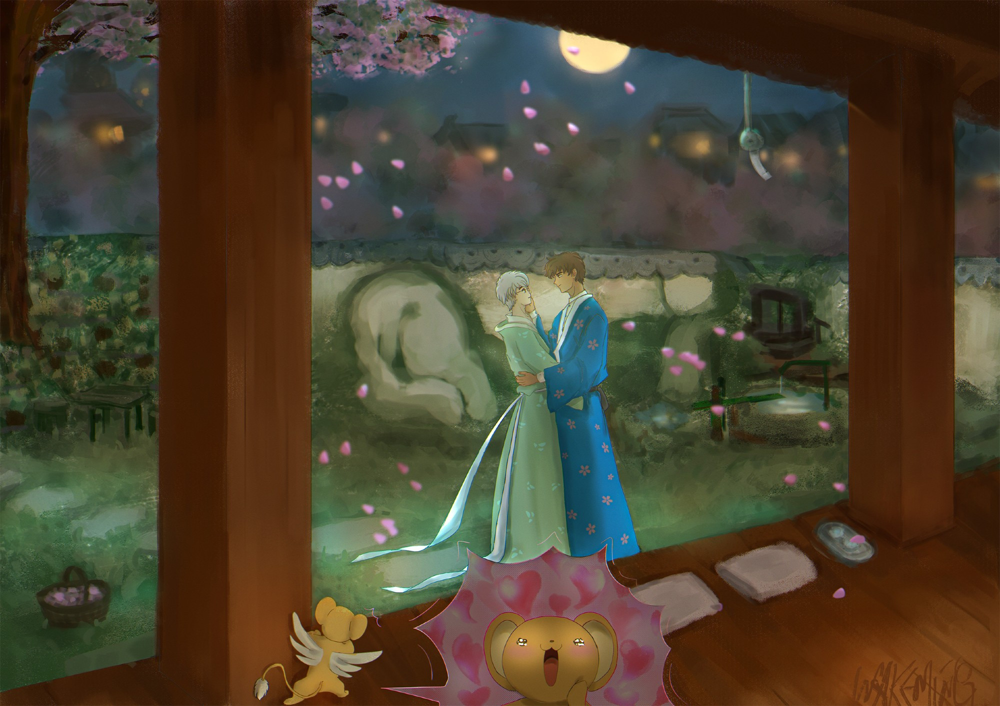 Touya and Yukito holding each other lovingly in a traditional Japanese yard, lit by moonlight, sakura tree flower floating in the air, co is peeking in a corner.