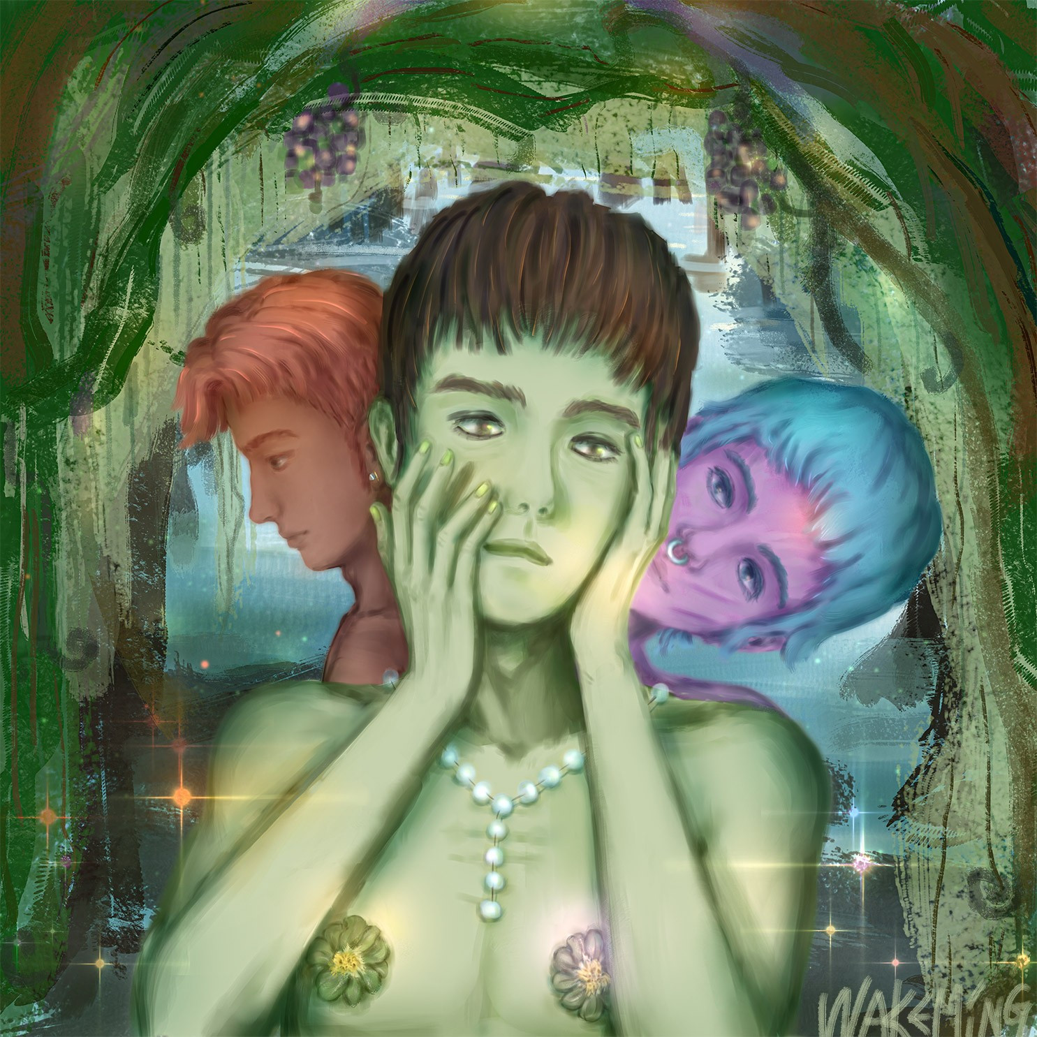 A green skin man wearing pearl necklace, a pink skin woman with blue hair and a nose ring, a red skin man, in a grape cave, behind them is a big  
river with chopped trees.