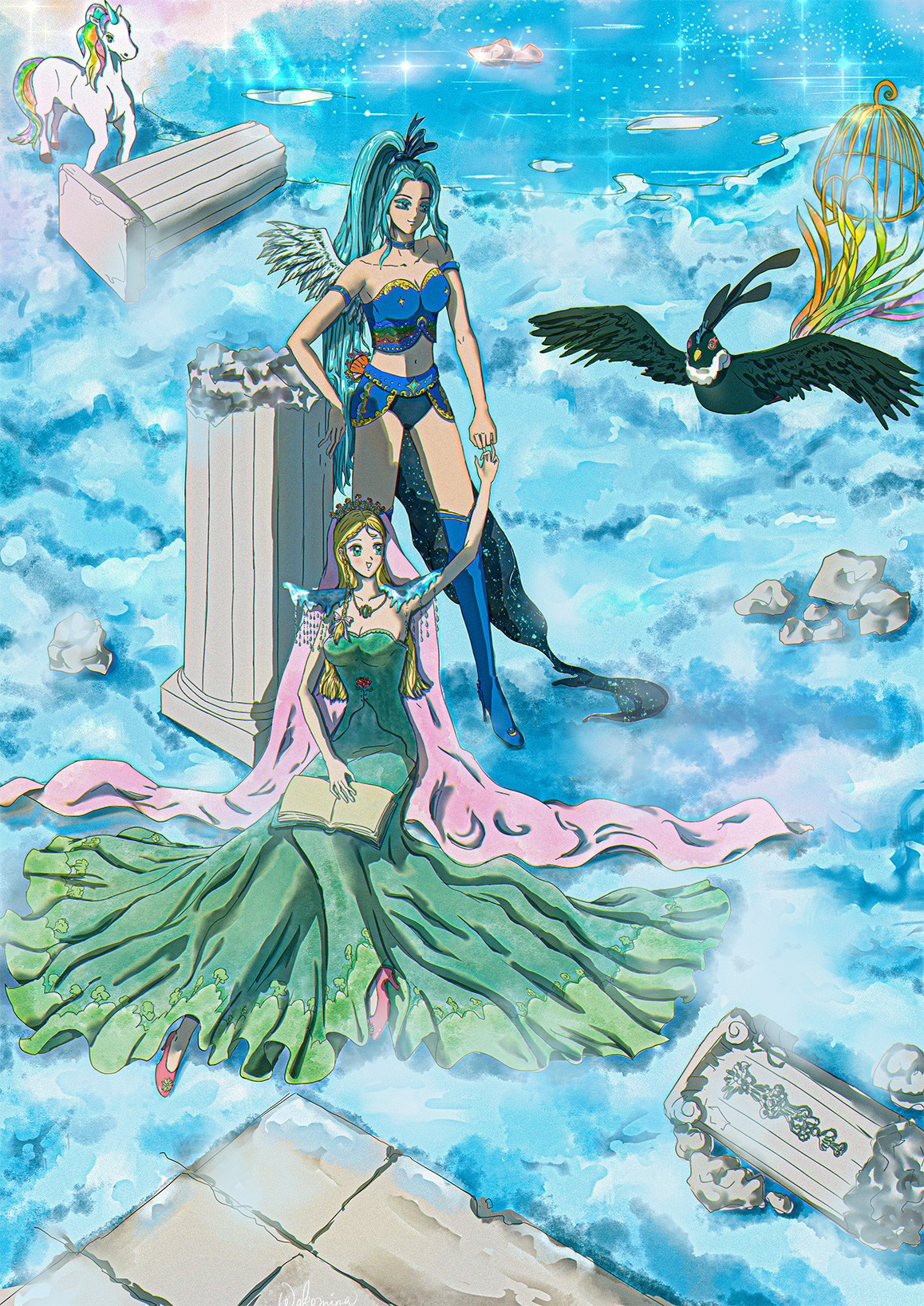 Two goddesses are on the glittering snow land, one sitting with a book in hand, one standing. They are holding each other's hand. The bird they released are flying.