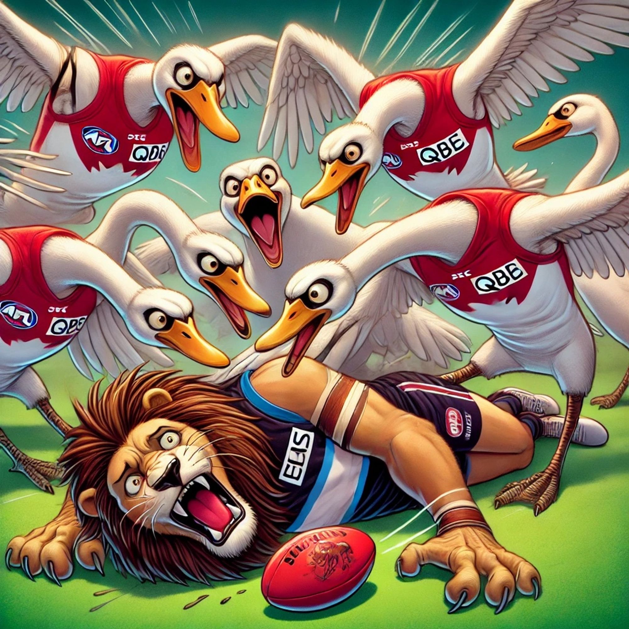 "An elevated cartoon perspective shows a group of swans wearing red Sydney Swans jerseys aggressively attacking a lion. The lion, wearing a maroon and blue Brisbane Lions jersey with a gold lion logo, is on its back, looking panicked and defensive. The swans are flapping their wings and pecking fiercely at the lion, displaying aggressive postures. The background is a simple green field, evoking the setting of a sports field, with a focus on the dynamic action between the animals."