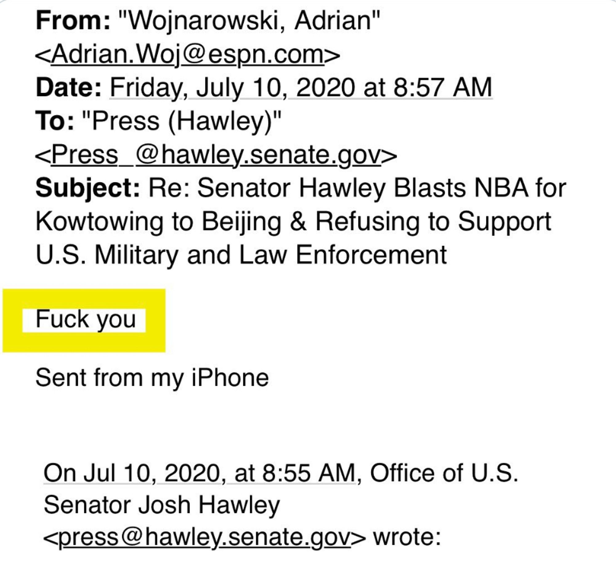 screenshot of woj email to josh hawley in 2020, text: "Fuck you"