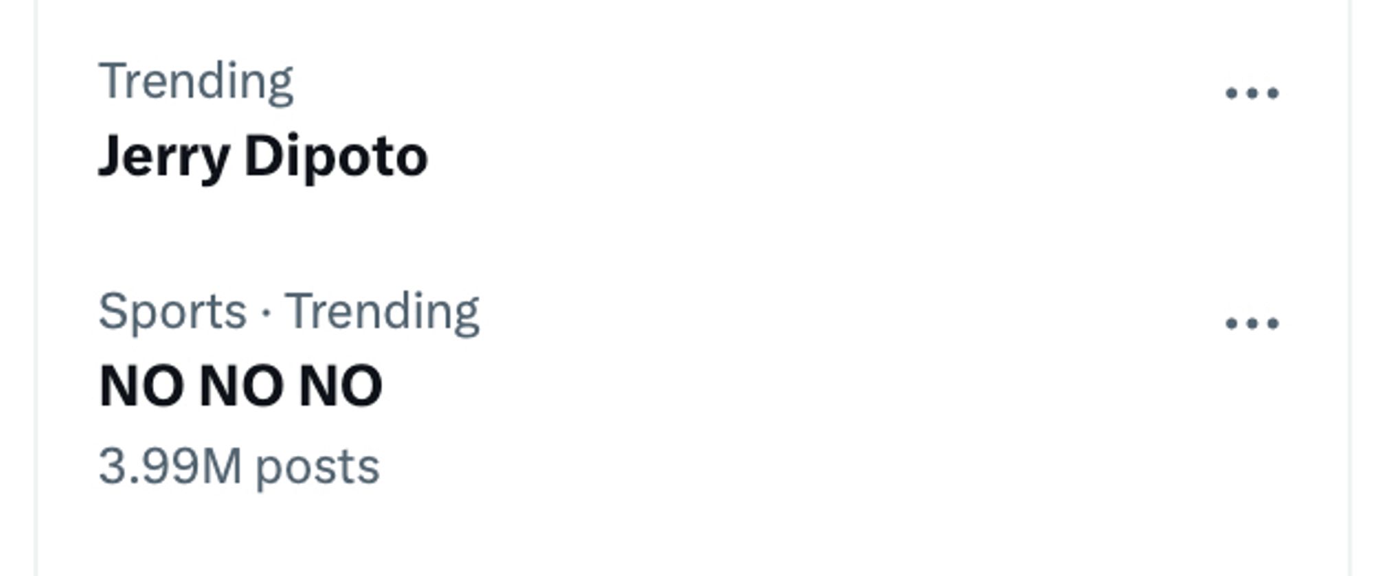 screenshot of trending topics on twitter including Jerry Dipoto, the abominable Seattle Mariners GM, and "NO NO NO"