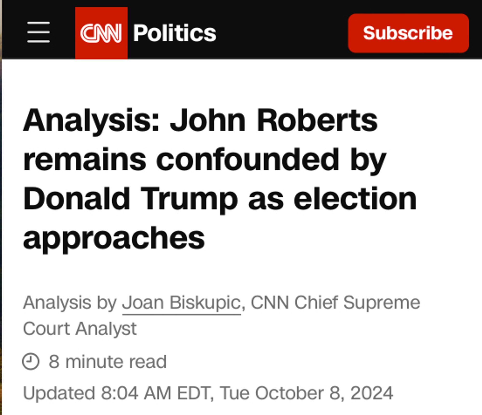 Analysis: John Roberts remains confounded by Donald Trump as election approaches

Analysis by Joan Biskupic, CNN Chief Supreme Court Analyst
 8 minute read
Updated 8:04 AM EDT, Tue October 8, 2024