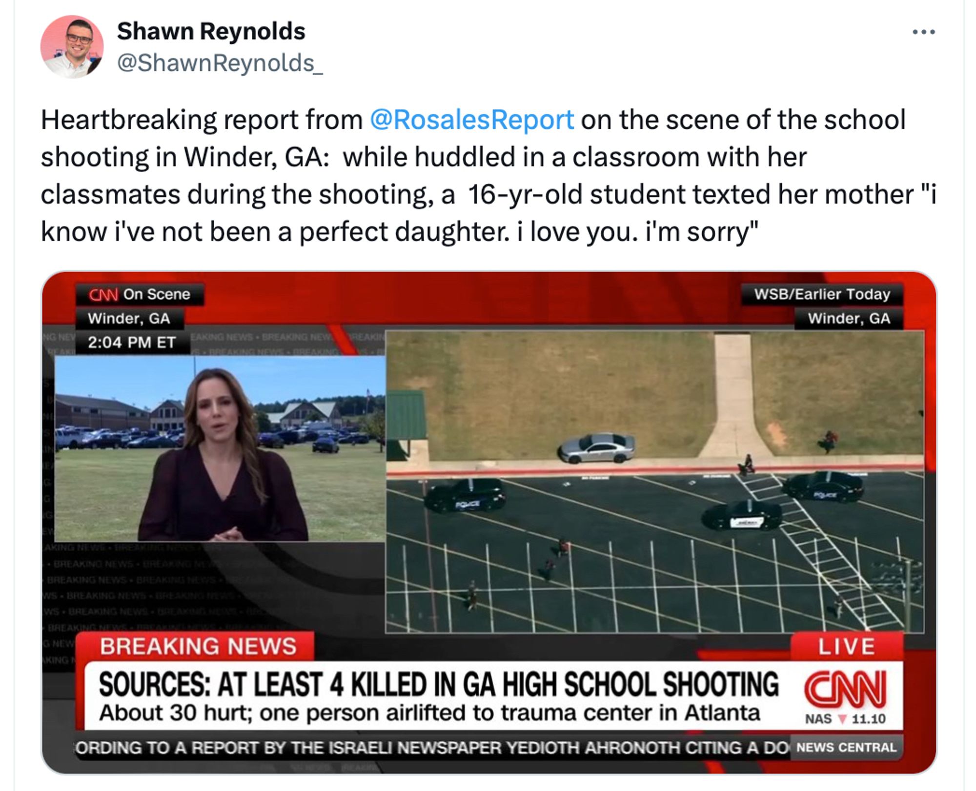 tweet of a story from scene of the GA school shooting: "while huddled in a classroom with her classmates during the shooting, a  16-yr-old student texted her mother "i know i've not been a perfect daughter. i love you. i'm sorry""