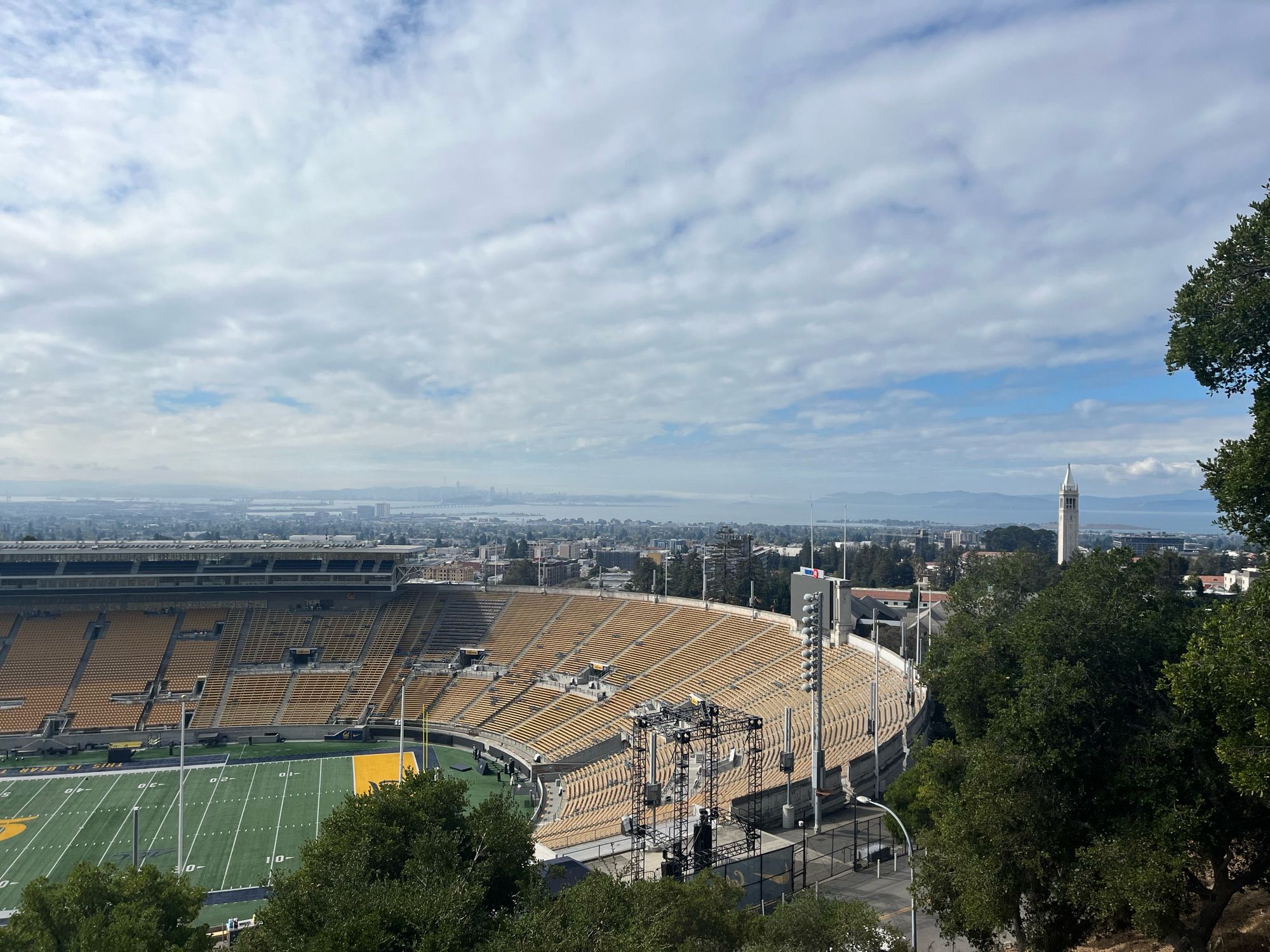 Panoramic view of Cal campus from tightwad hill including stadium, campanile, bay bridge and sf in the background 