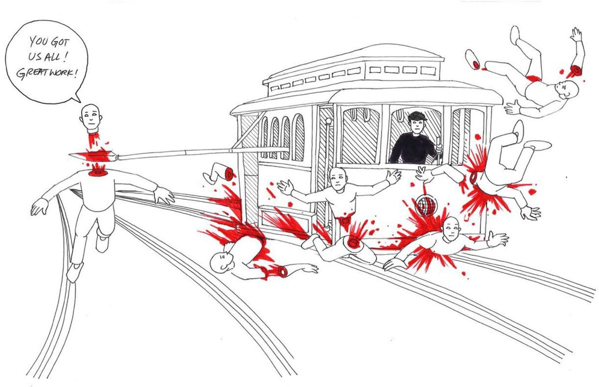 An image demonstrating Michael's solution to the trolley problem, summarized thusly: "Well, obviously the dilemma is clear. How do you kill all six people? So I would dangle a sharp blade out the window to slice the neck of the guy on the other track as we smush our five main guys."