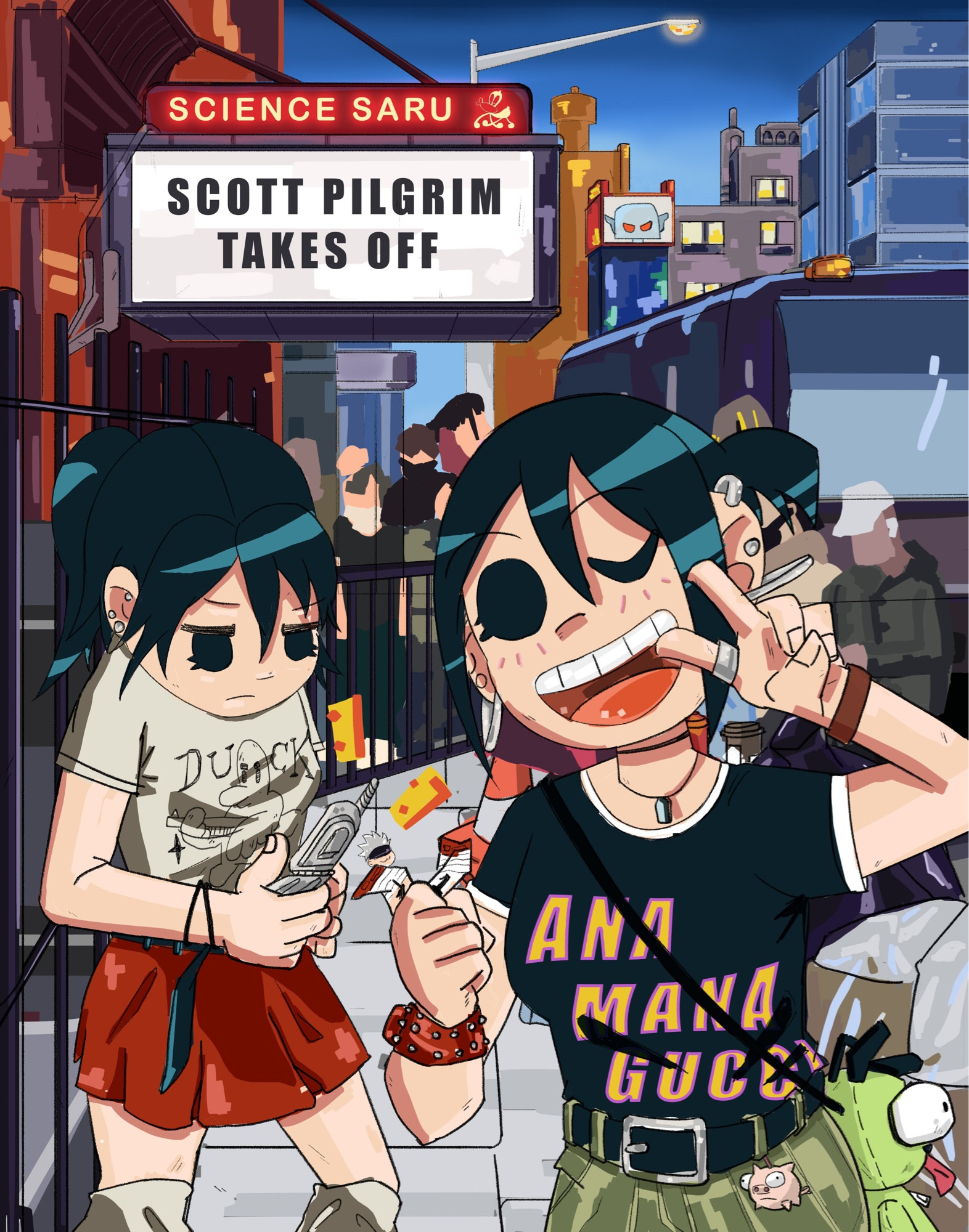 A colorful illustration of two girls going to a movie premiere of the new Scott Pilgrim Takes Off Netflix series animated by studio Science Saru. Knives is looking at the camera with a big smile while Tamara is distracted on her phone. With a backdrop modeled after Webster Hall in New York.