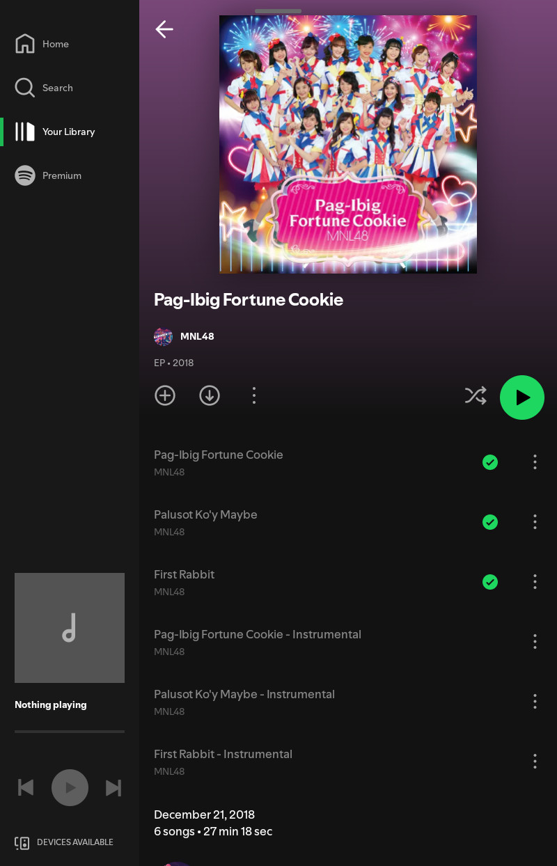 Screenshot of MNL48's first album no longer playable on Spotify.