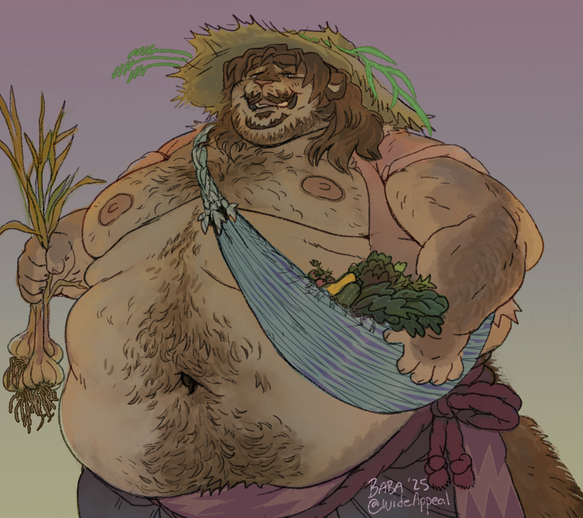 heavy puma in sunset tones. Wearing a tattered straw hat and layered garments, hairy chest and belly hanging out. He's carrying a woven shoulder bag full of garden vegetables, and a handful of uprooted garlic bulbs