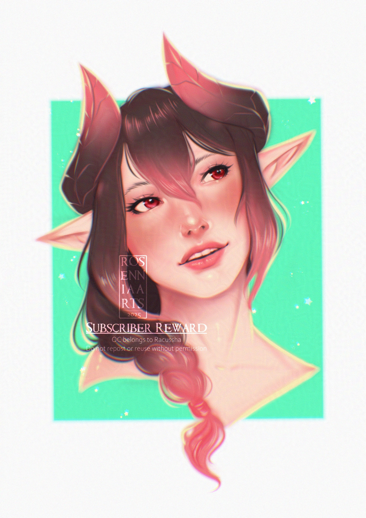 Colourful portrait of a dragon girl with pink accents in her hair and horns