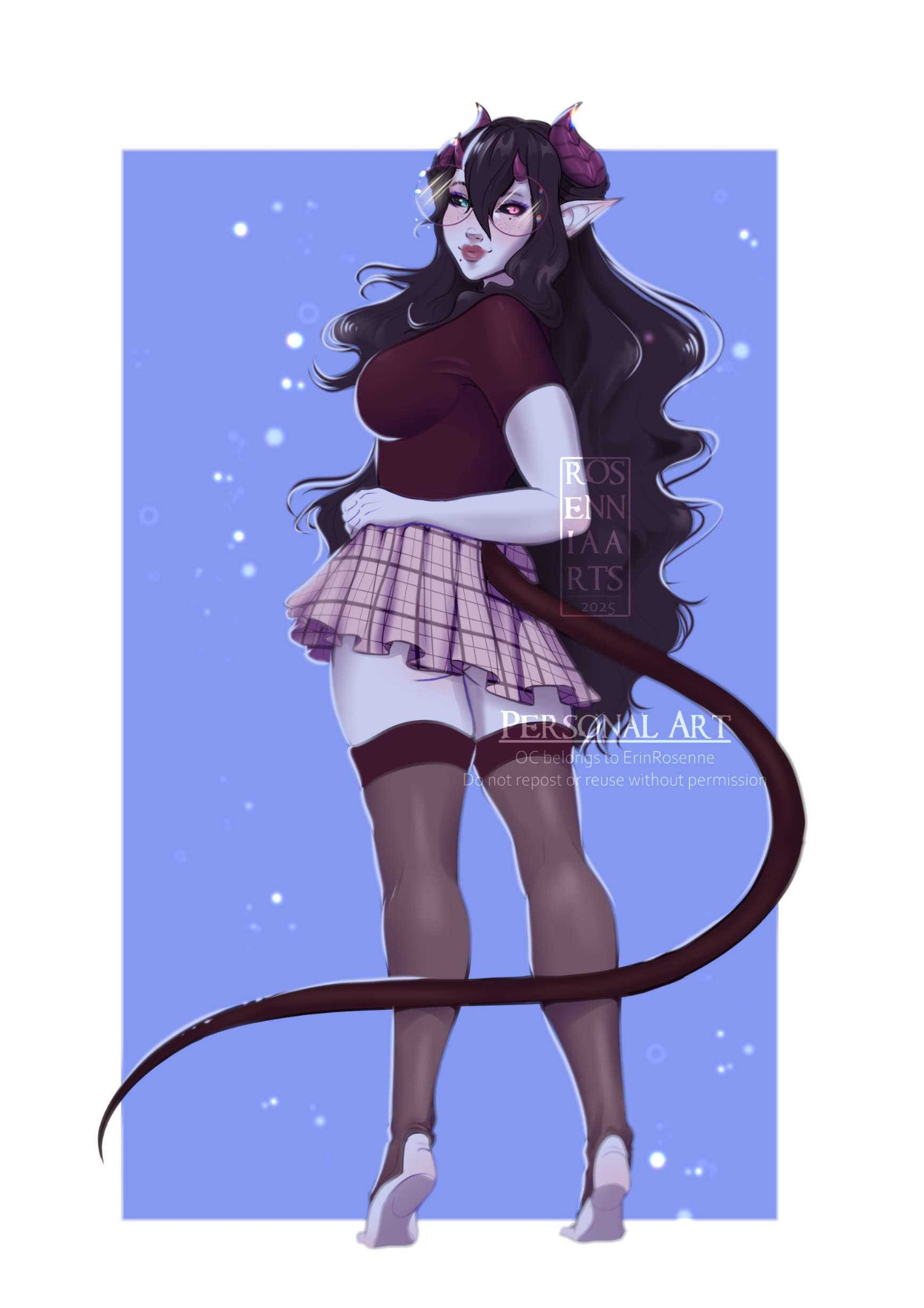 Lilac skinned demoness with long, dark hair and long tail