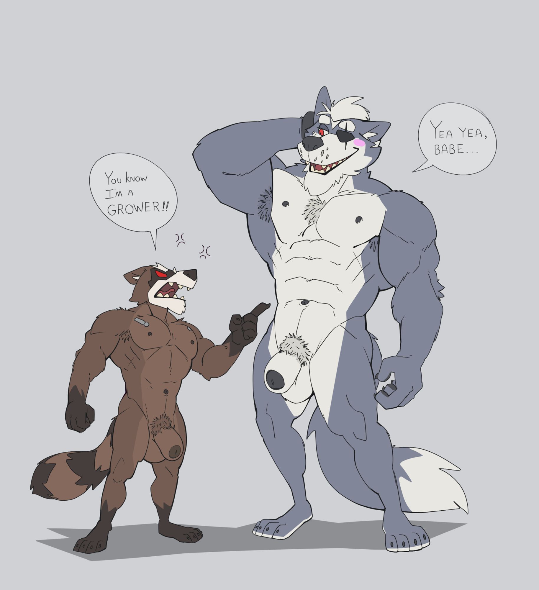 Shortstack, buff, augmented, raccoon gets feisty with big bad wolf who flies a spaceship. They're comparing their soft dick sizes. #jazzwolfArt