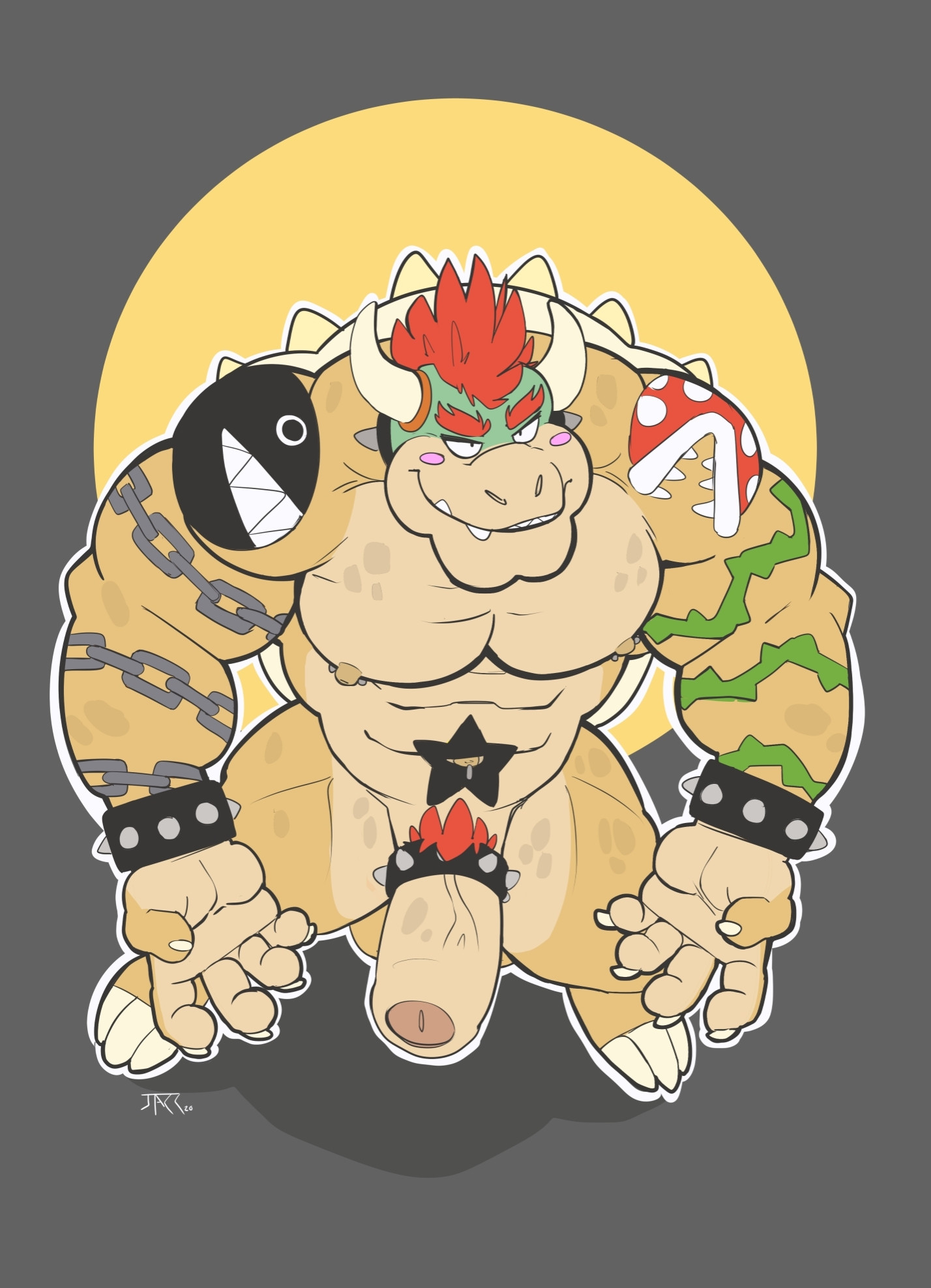 Tatted up Bowser sporting a nice fat cock. He's got a chain chomp tattoo on his right arm and a piranha plant tattoo on his left