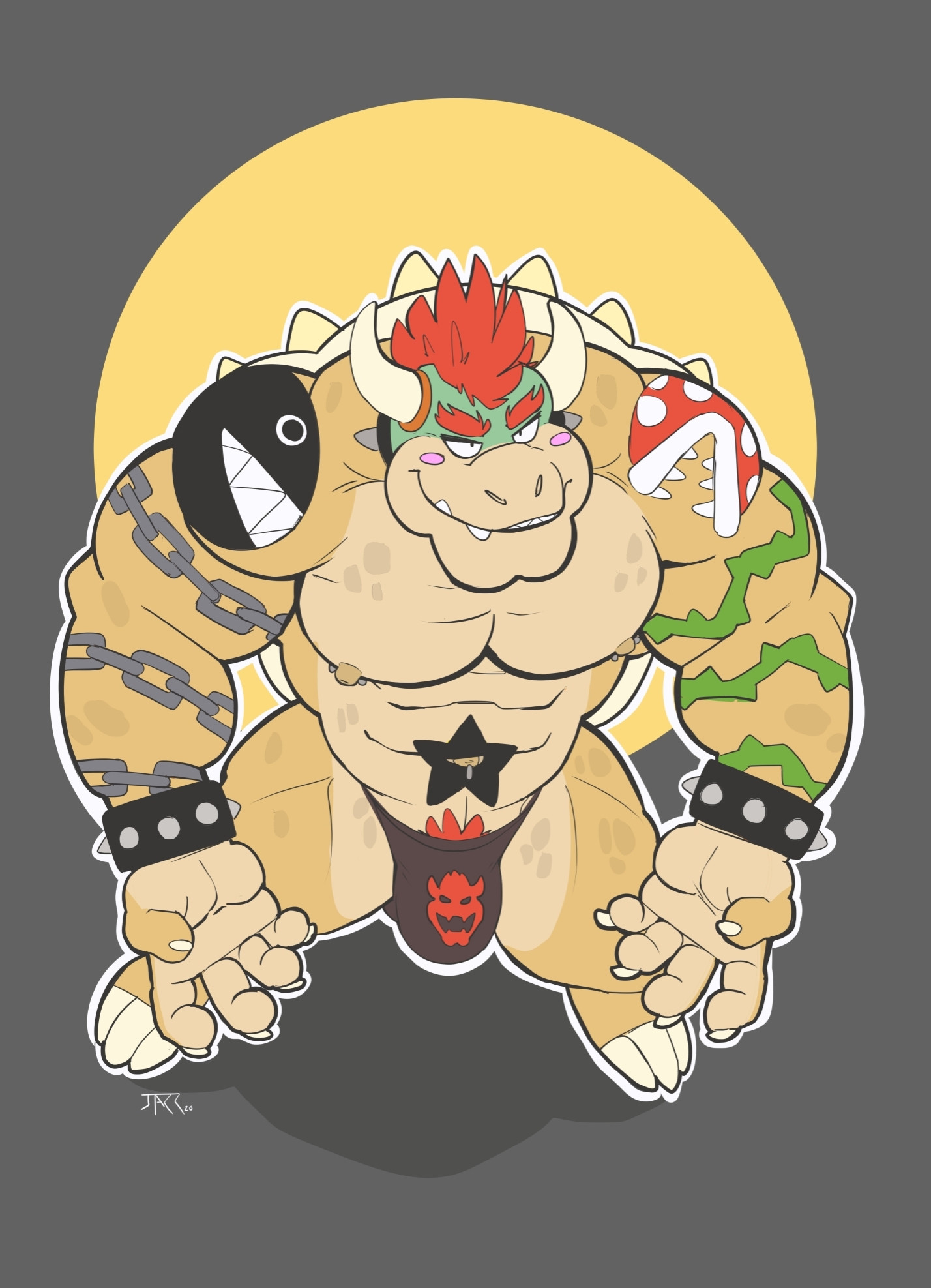 Tatted up Bowser sporting a nice bulge. He's got a chain chomp tattoo on his right arm and a piranha plant tattoo on his left. 