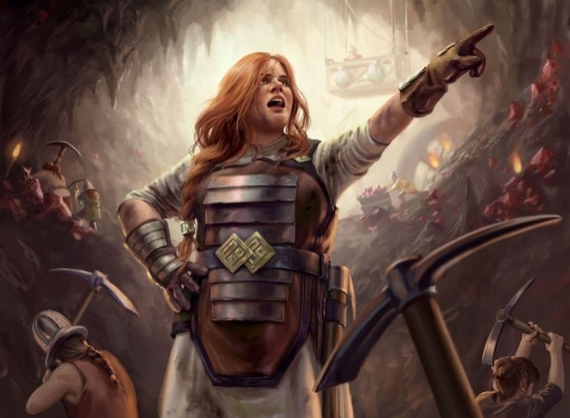 Inside a mine, a red-haired female dwarf shouts orders at a bunch of dwarf miners that are working around her.