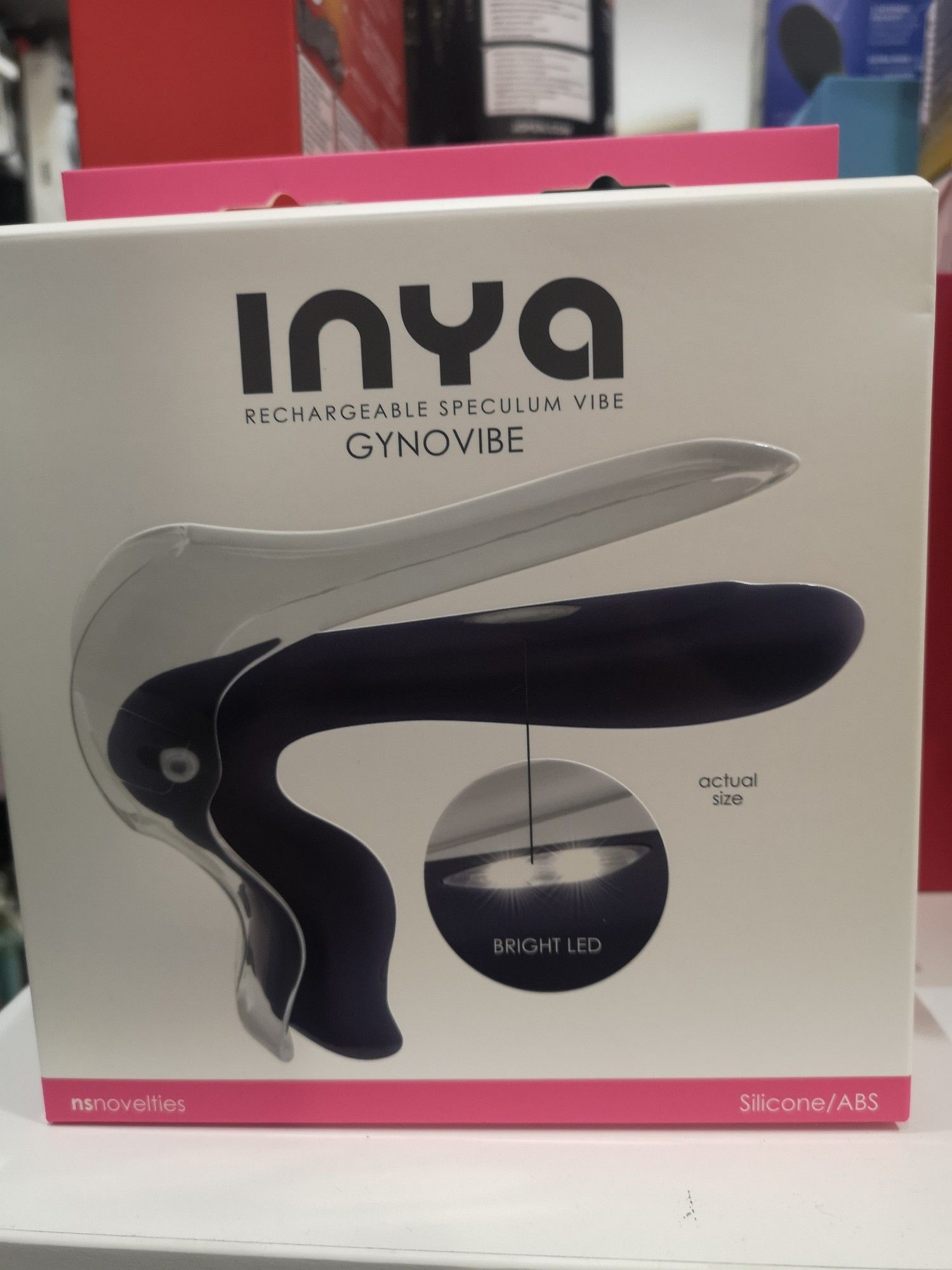 The box for the INYA Gynovibe. It depicts a purple vibrator with a clear plastic lever arm