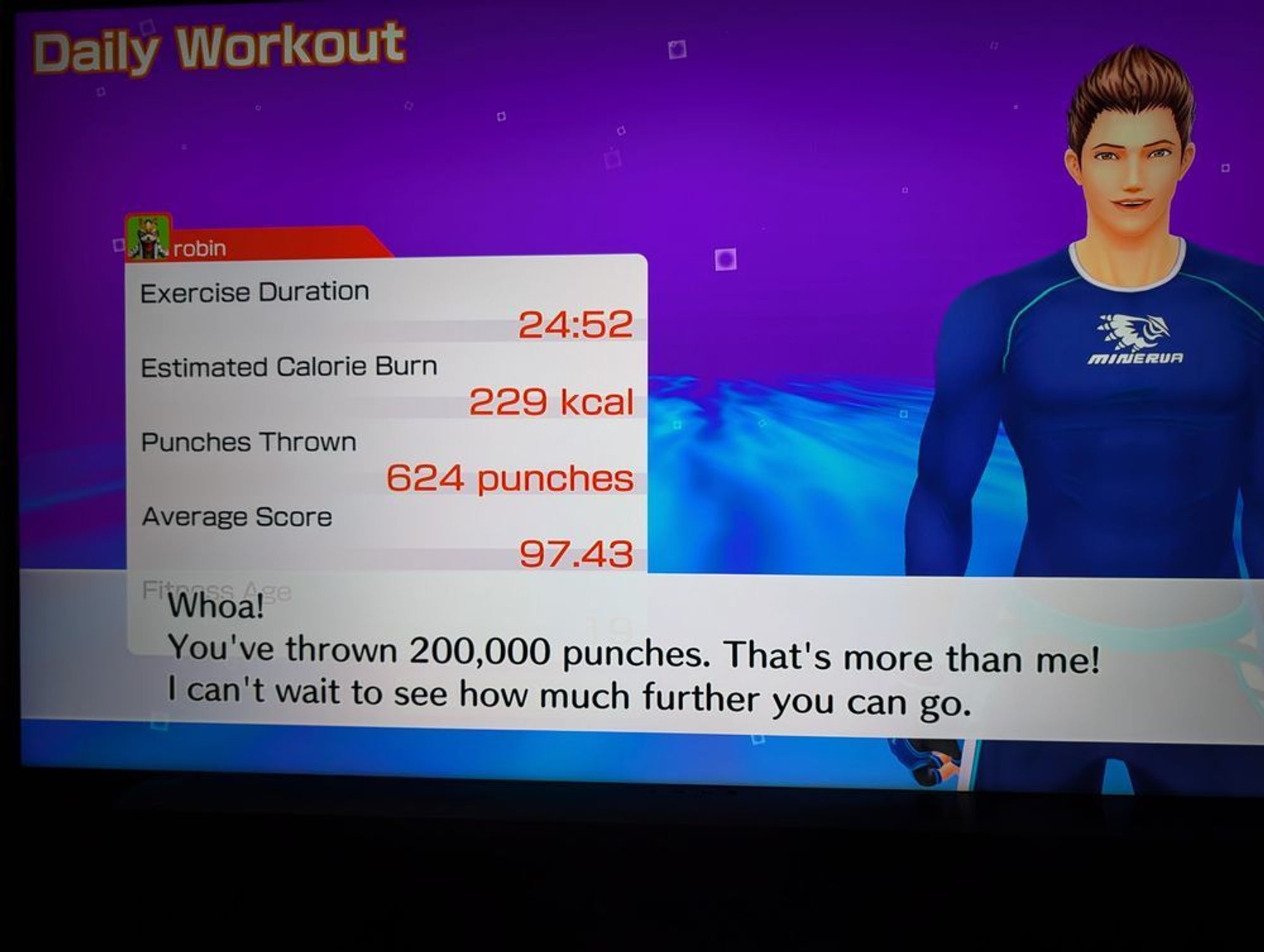 the end of session screen for Fitness Boxing on the Nintendo Switch, saying I've now thrown 200,000 punches in total!