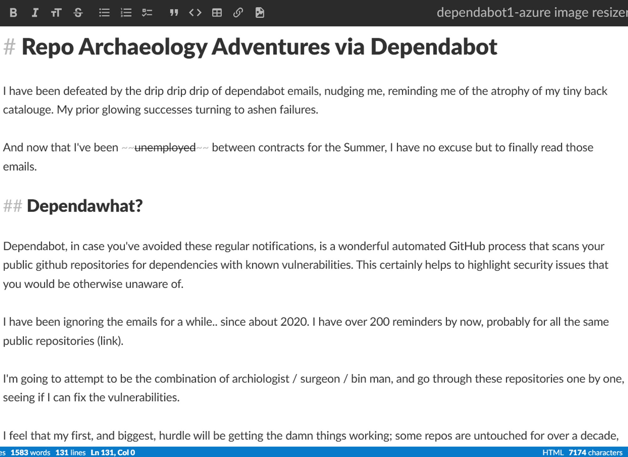 screenshot of stackedit text editor showing the first page of markdown for a post titled "Repo Archaeology Adventuresvia Dependabot" with a word count of 1583 already..