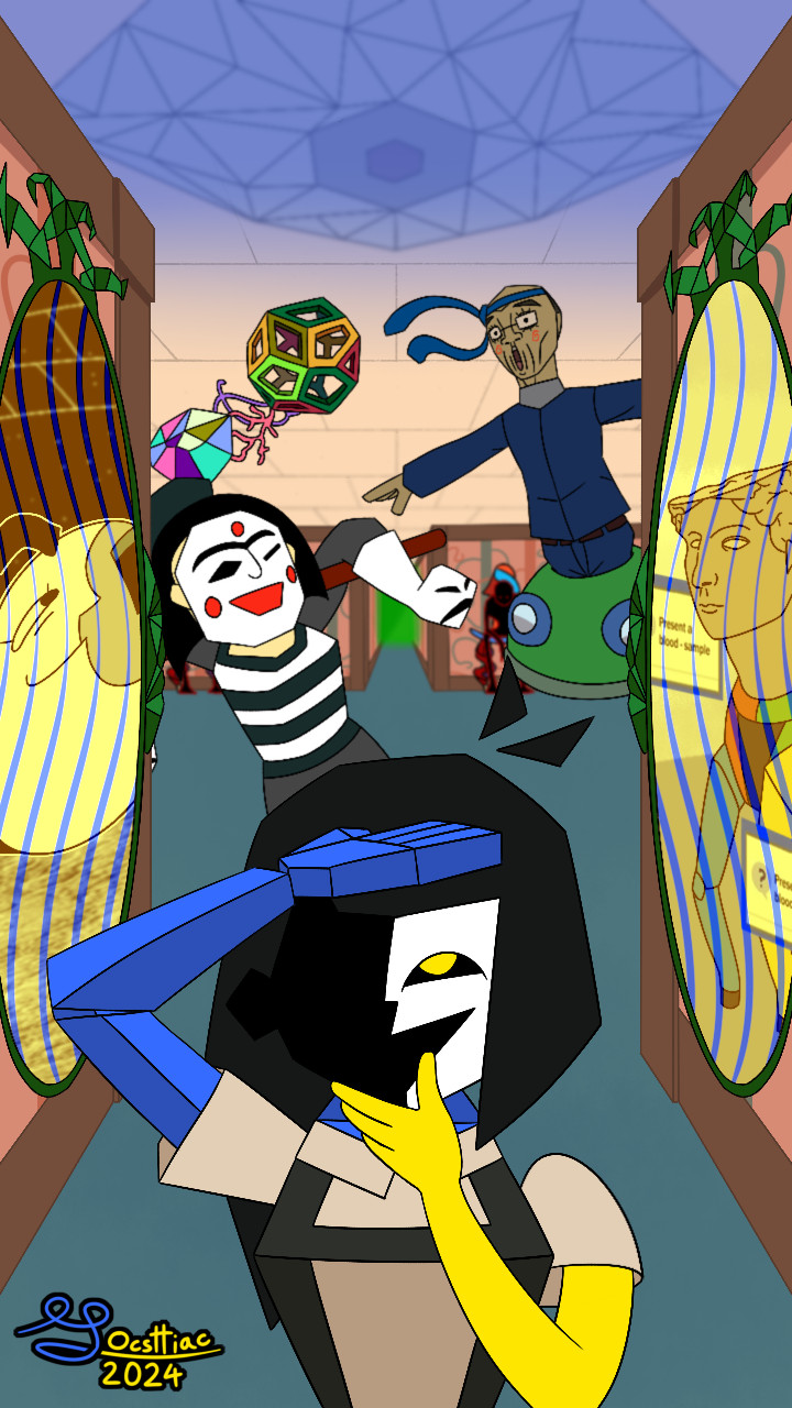 ENA fanart of Extinction Party. Drunk ENA is at the bottom, Moony and the Keeper are behind the teleportation mirrors. Behind ENA are Merci, Rubik and Robert. The large vector eyeball is on the ceiling.