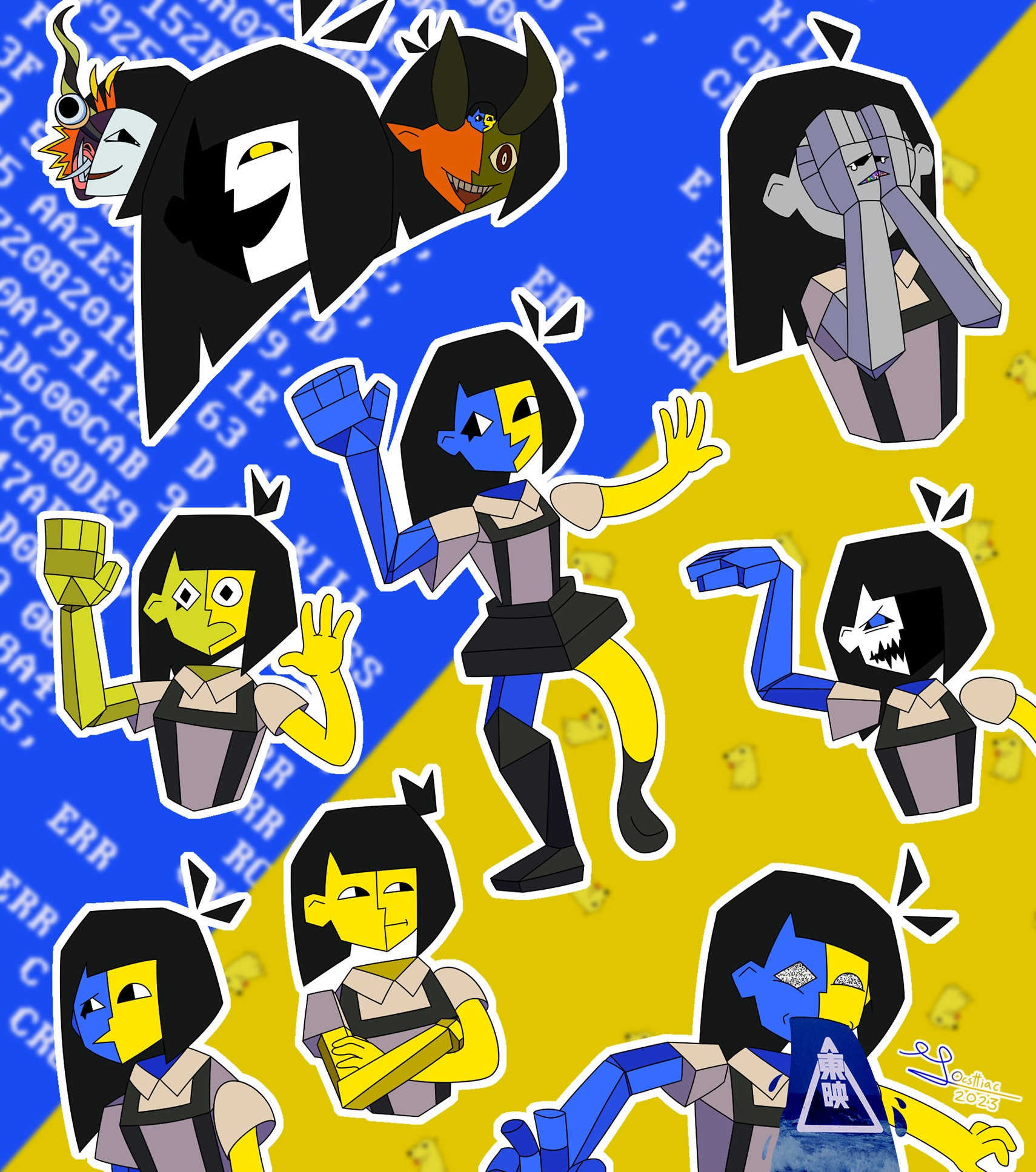 Fanart collage of Joel G's character, ENA. Top-left: Diablada, Drunk, Demon. Top-right: Full-sadness. Middle-left: Temptation Stairway mid-transformation. Middle: Normal Happy. Middle-right: Sadder. Bottom-left: Normal Sad. Bottom: Temptation Stairway full transformation. Bottom-right: Static puking.